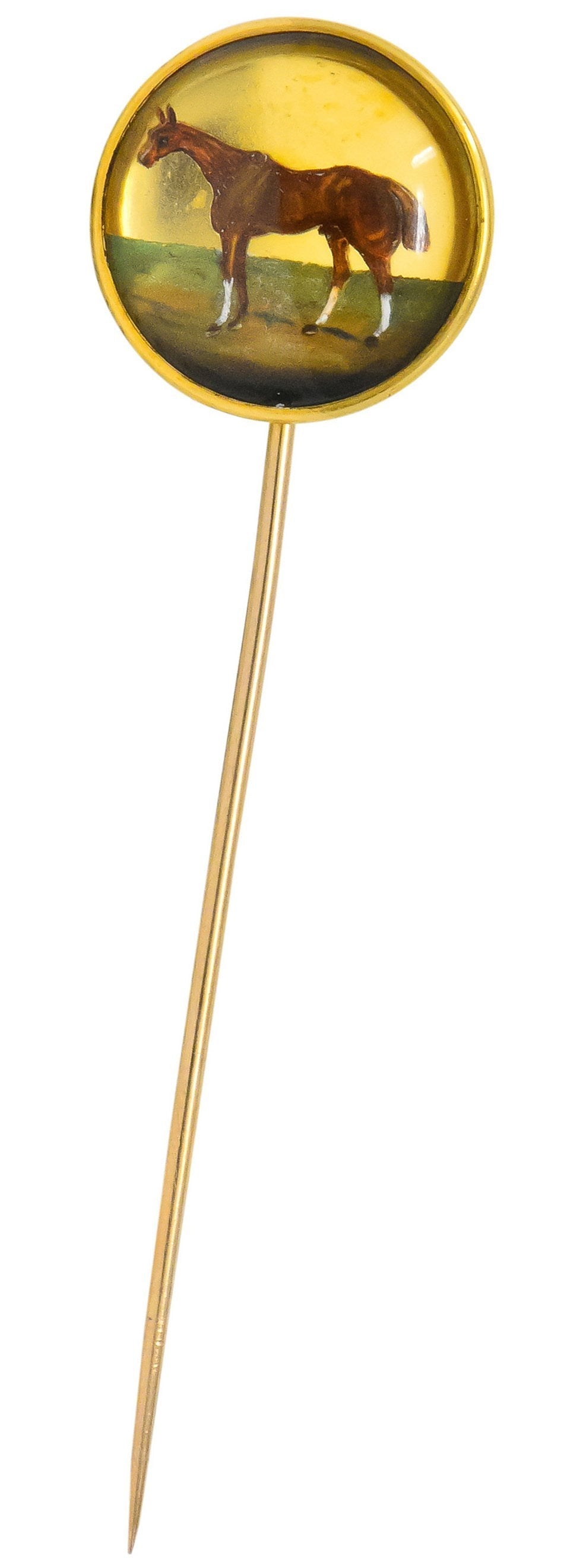 Tiffany & Co. Victorian Painted Reverse Carved Rock Crystal 18 Karat Gold Horse Stickpin - Wilson's Estate Jewelry