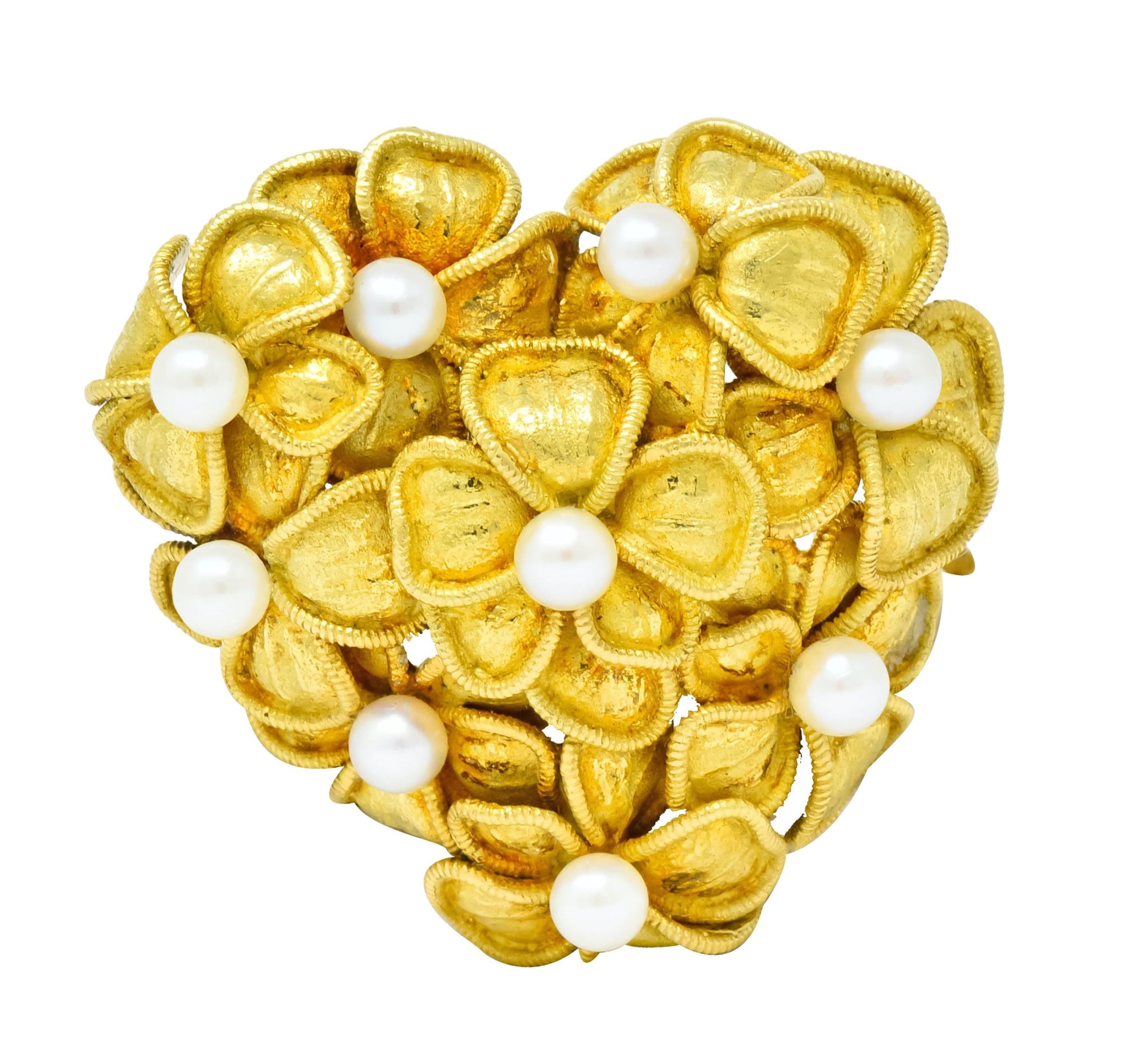 Tiffany & Co. Vintage 1970 Pearl 18 Karat Gold Floral Heart Brooch - Wilson's Estate Jewelry