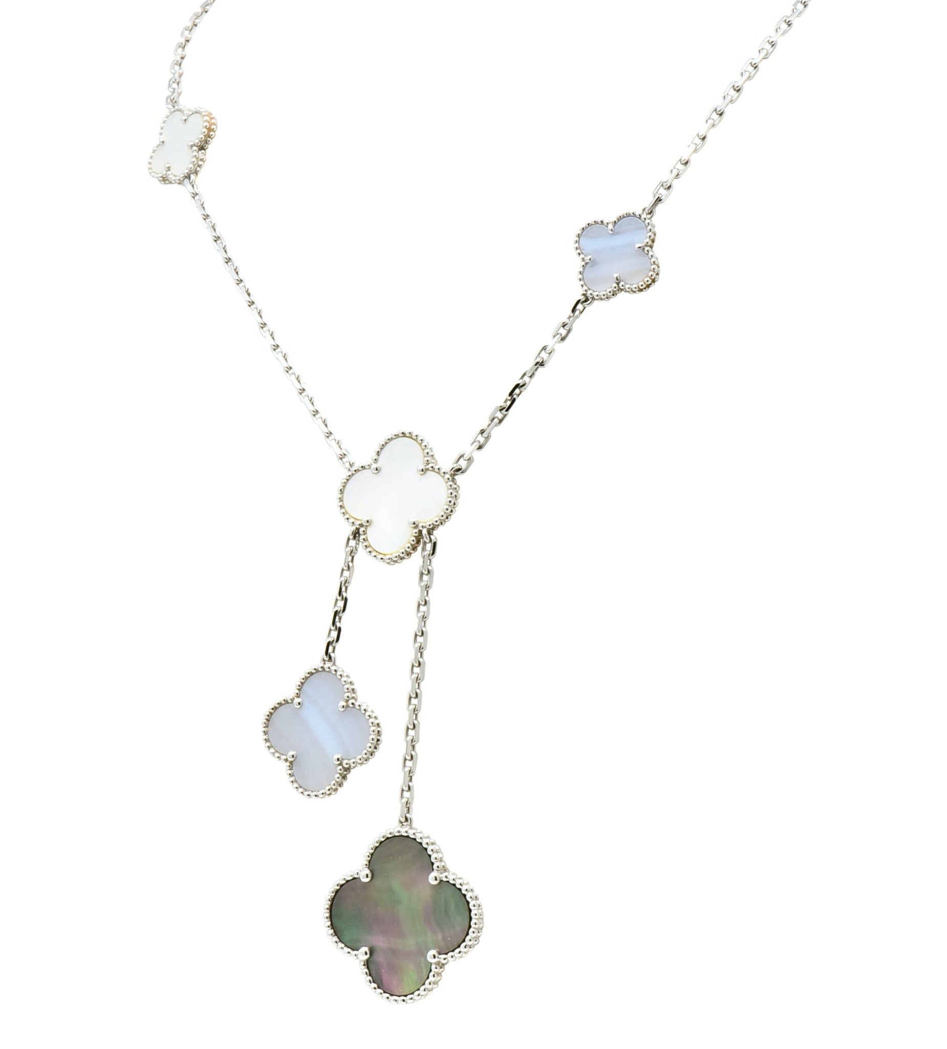 Van Cleef & Arpels Mother of Pearl 18 Karat White Gold 6 Motif Alhambra Magic Necklace - Wilson's Estate Jewelry