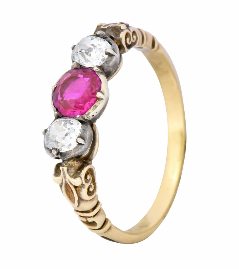 Victorian 0.70 Carats Diamond Ruby Silver-Topped 14 Karat Gold Three Stone Ring - Wilson's Estate Jewelry