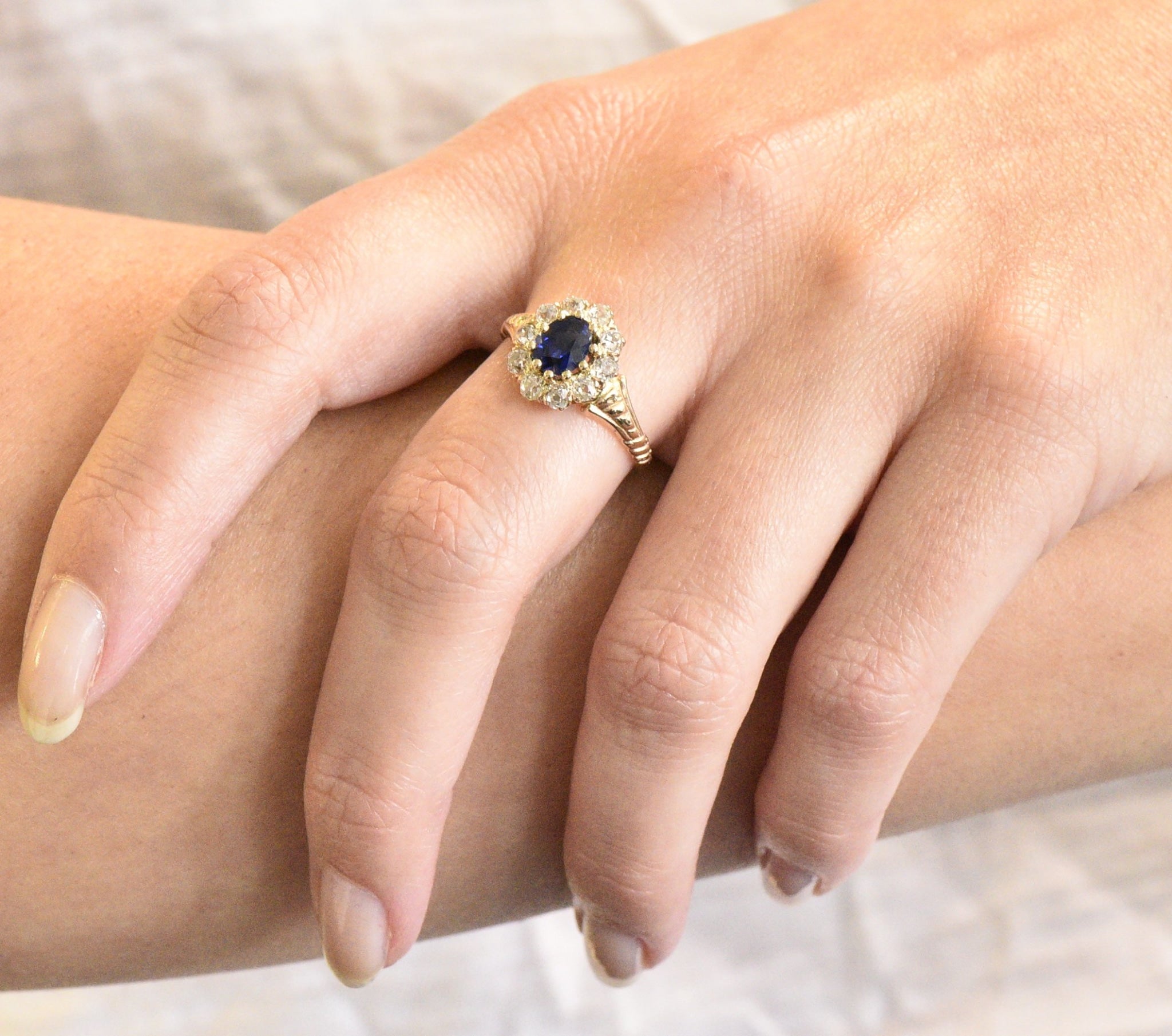 Victorian 1.57 CTW Sapphire Old Mine Cut Diamond 14 Karat Gold Cluster Ring Wilson's Estate Jewelry