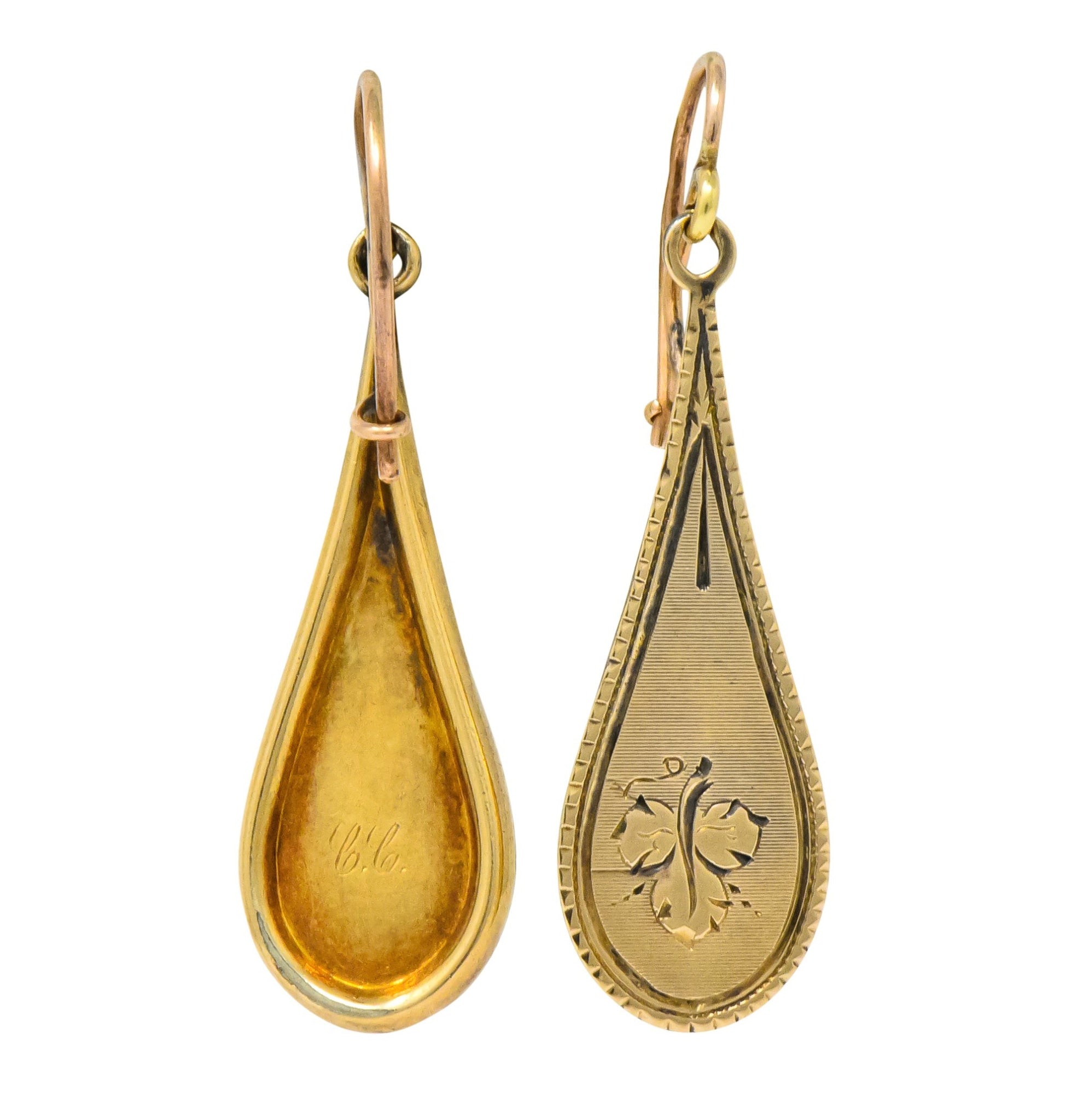 Victorian 14 Karat Gold Etched Clover Drop Earrings - Wilson's Estate Jewelry