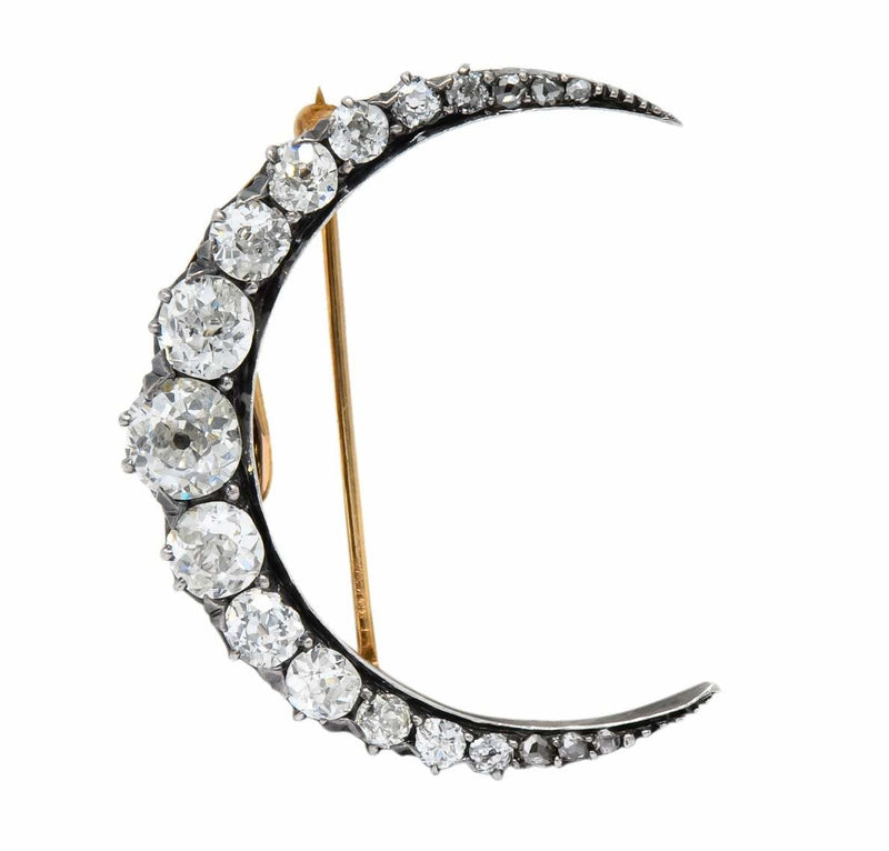 Victorian 2.00 CTW Diamond Silver-Topped 14 Karat Gold Honeymoon Crescent Pendant Brooch - Wilson's Estate Jewelry