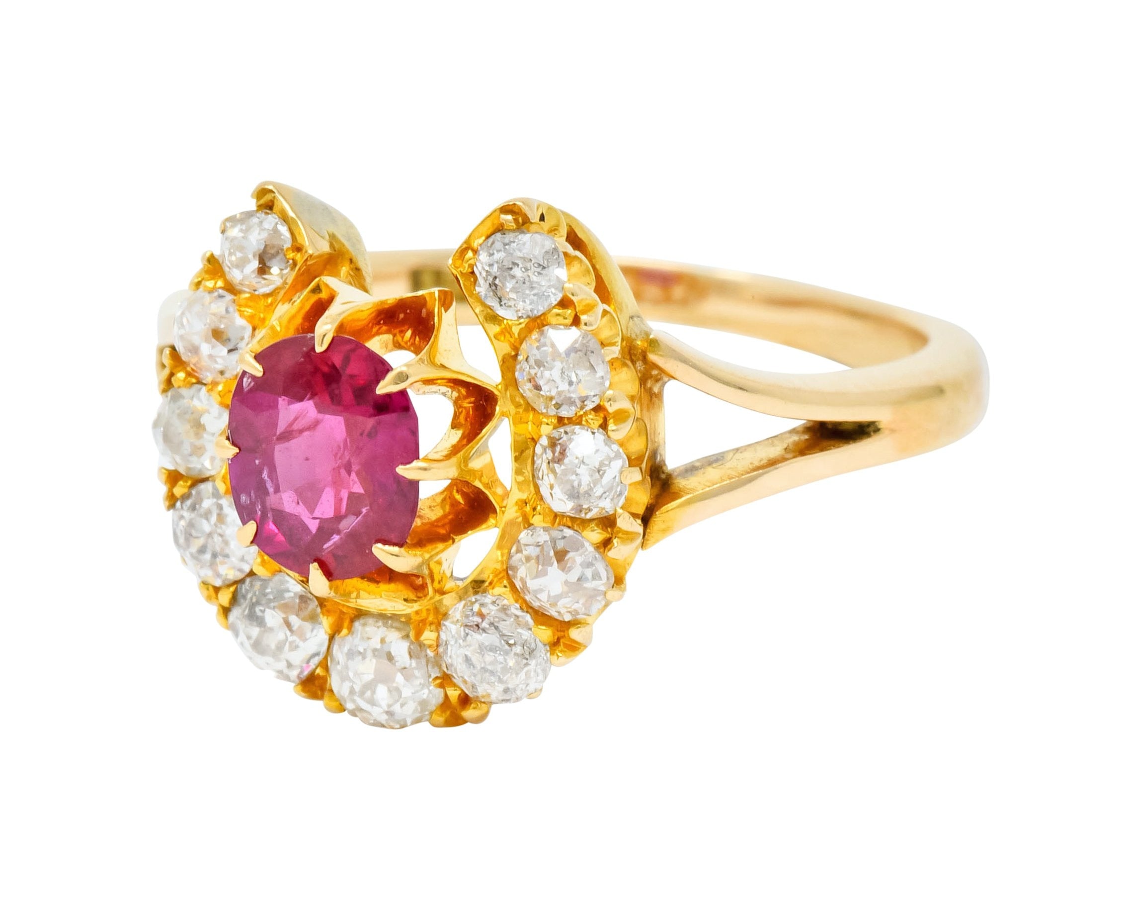 Victorian 2.10 CTW Ruby Diamond 15 Karat Gold Horseshoe Cluster Ring - Wilson's Estate Jewelry