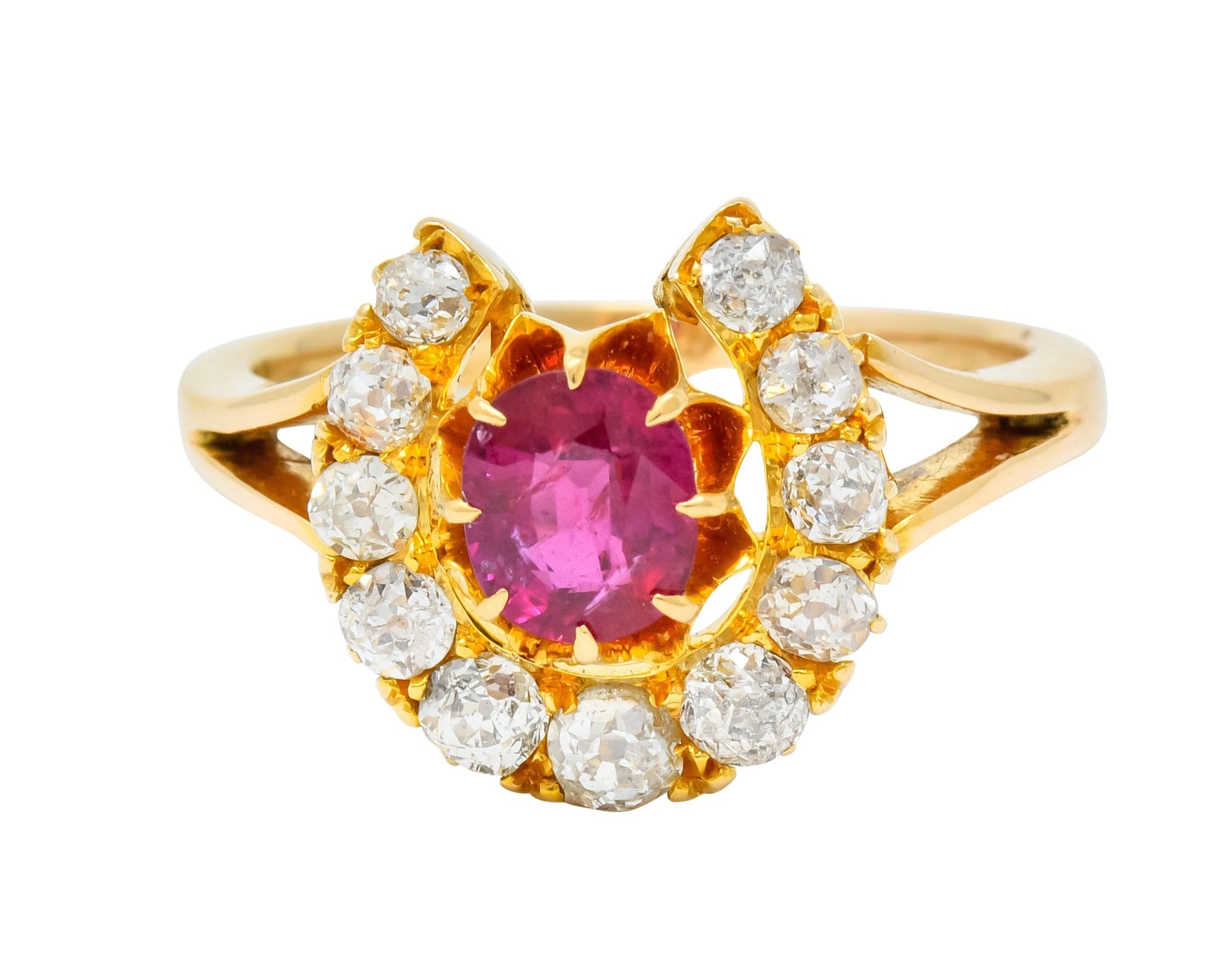 Victorian 2.10 CTW Ruby Diamond 15 Karat Gold Horseshoe Cluster Ring - Wilson's Estate Jewelry