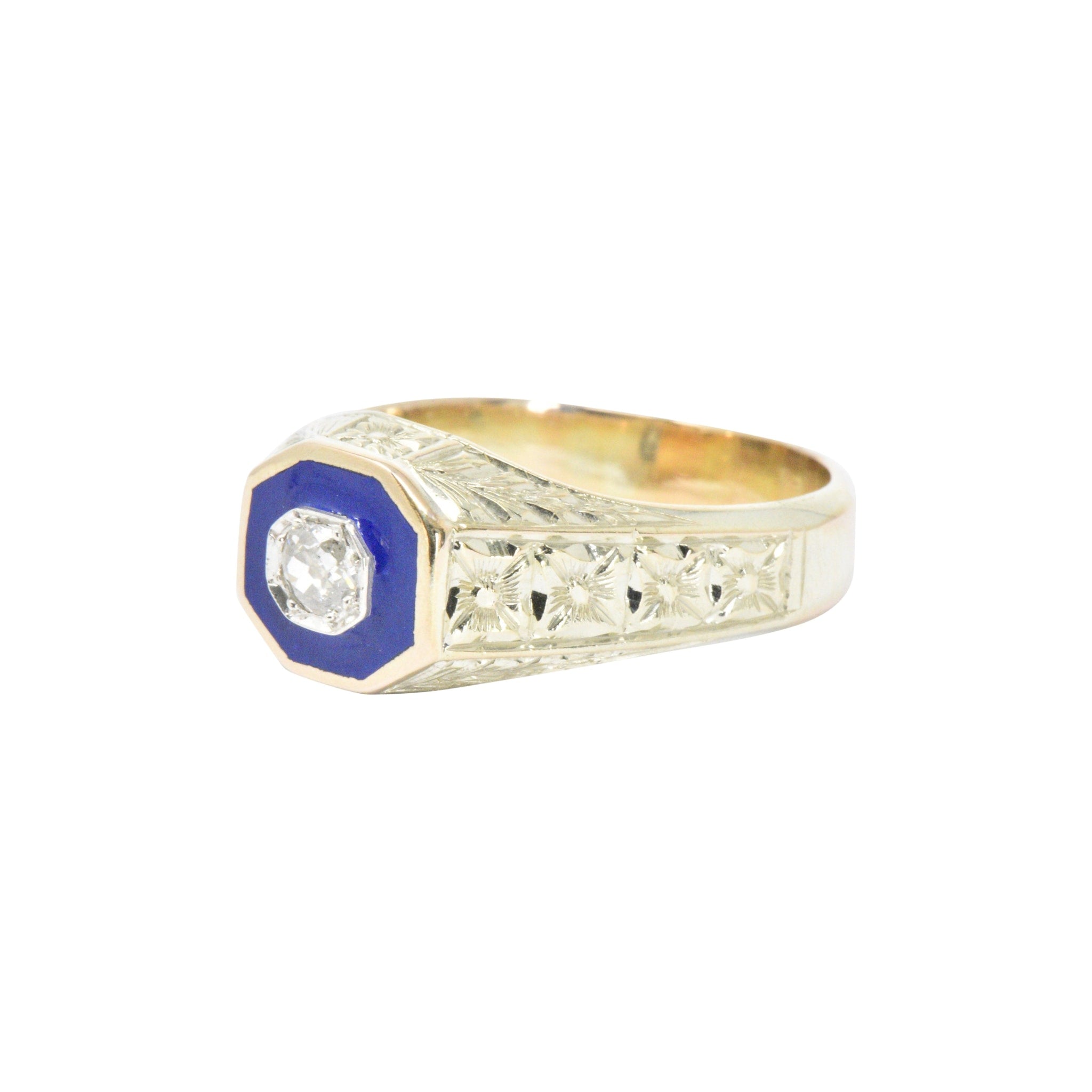 Victorian .25 CTW Diamond 14K Yellow Gold & Enamel Men's Ring Wilson's Estate Jewelry
