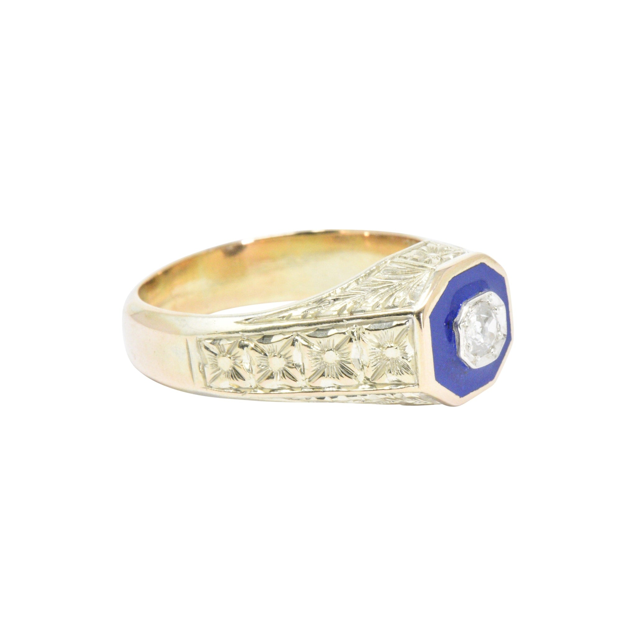Victorian .25 CTW Diamond 14K Yellow Gold & Enamel Men's Ring Wilson's Estate Jewelry