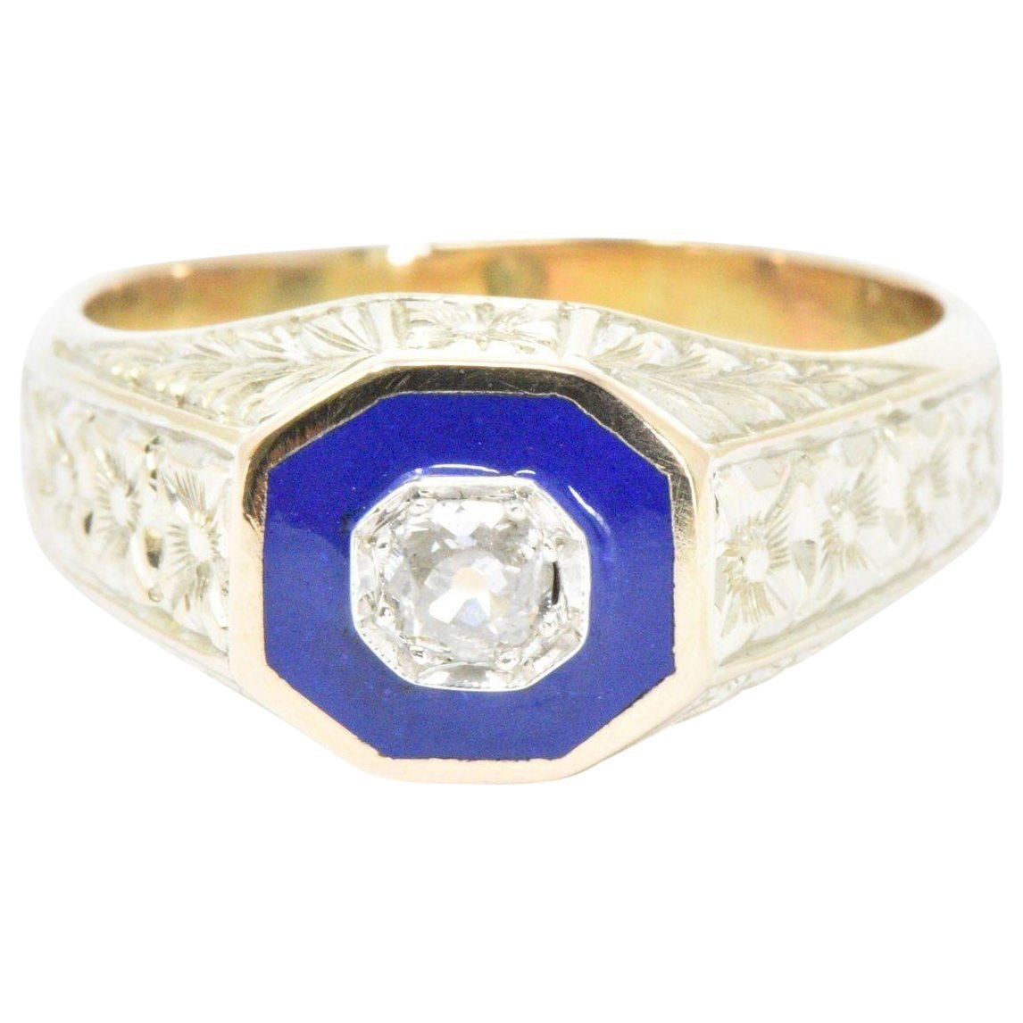 Victorian .25 CTW Diamond 14K Yellow Gold & Enamel Men's Ring Wilson's Estate Jewelry