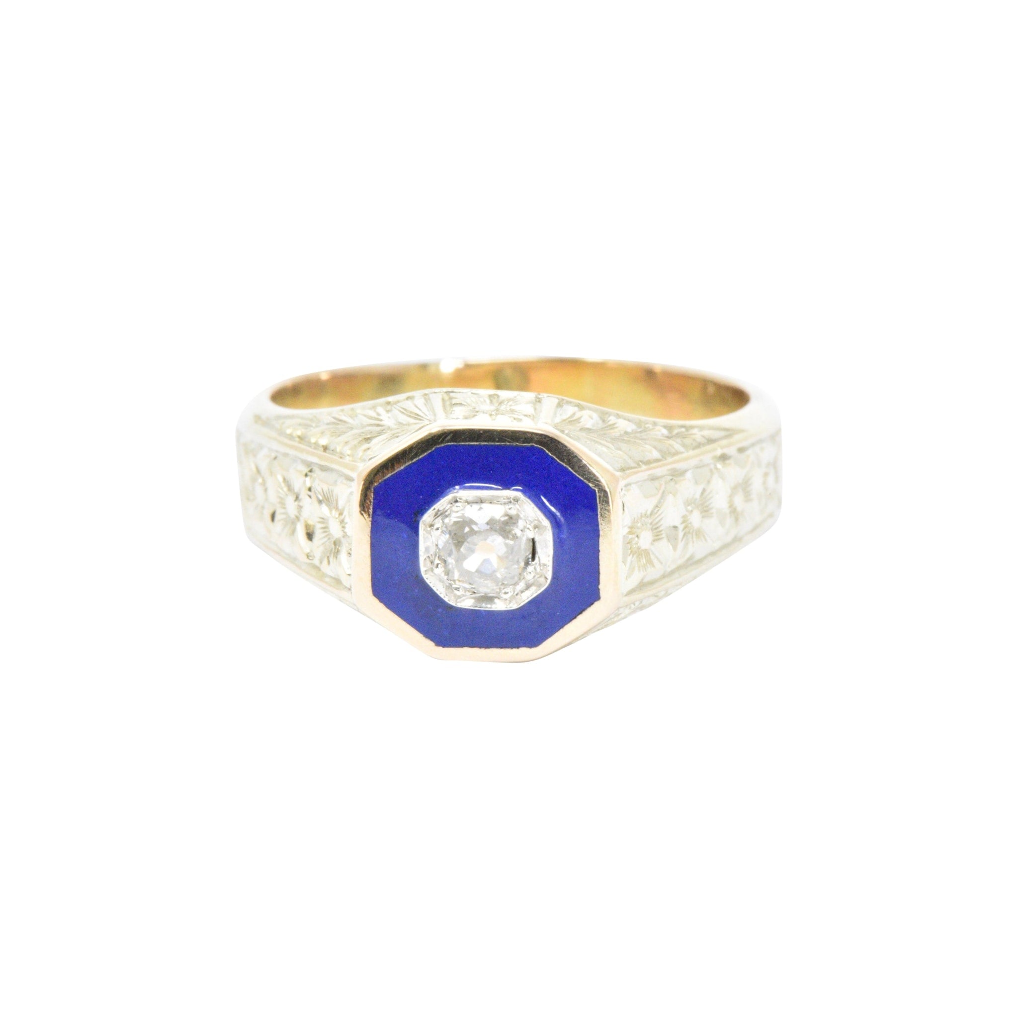 Victorian .25 CTW Diamond 14K Yellow Gold & Enamel Men's Ring Wilson's Estate Jewelry