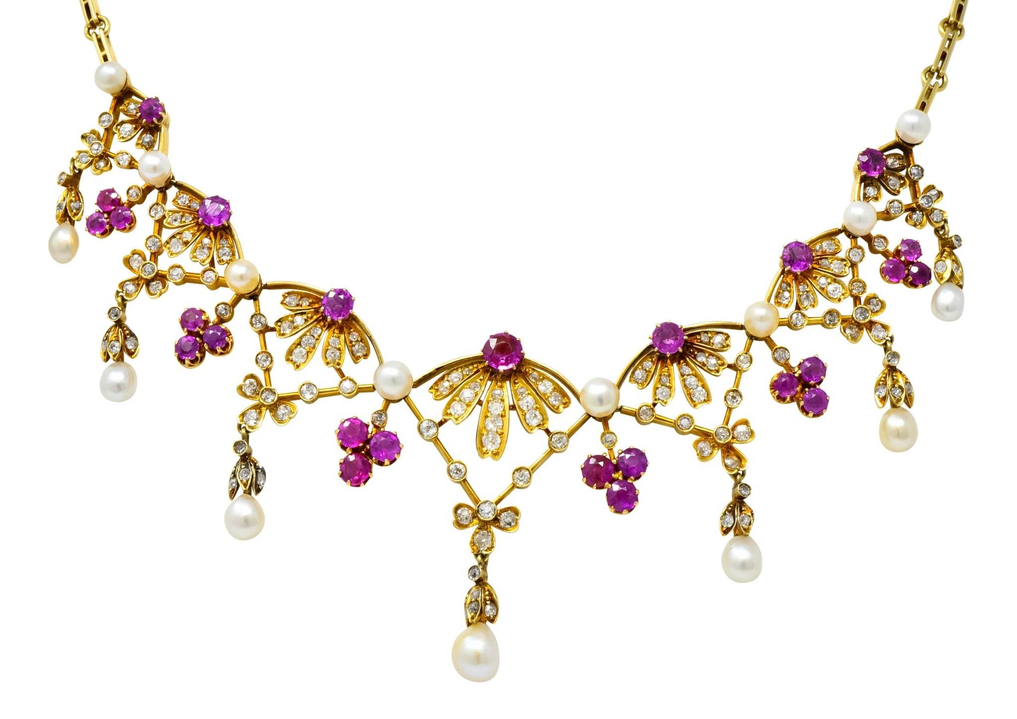 Victorian 7.95 CTW Diamond Ruby Pearl 18 Karat Gold Fringe Necklace - Wilson's Estate Jewelry