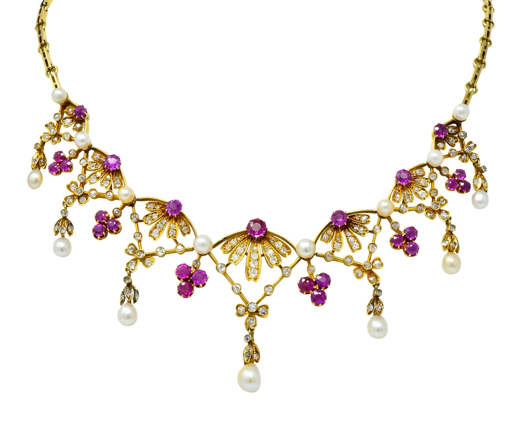 Victorian 7.95 CTW Diamond Ruby Pearl 18 Karat Gold Fringe Necklace - Wilson's Estate Jewelry