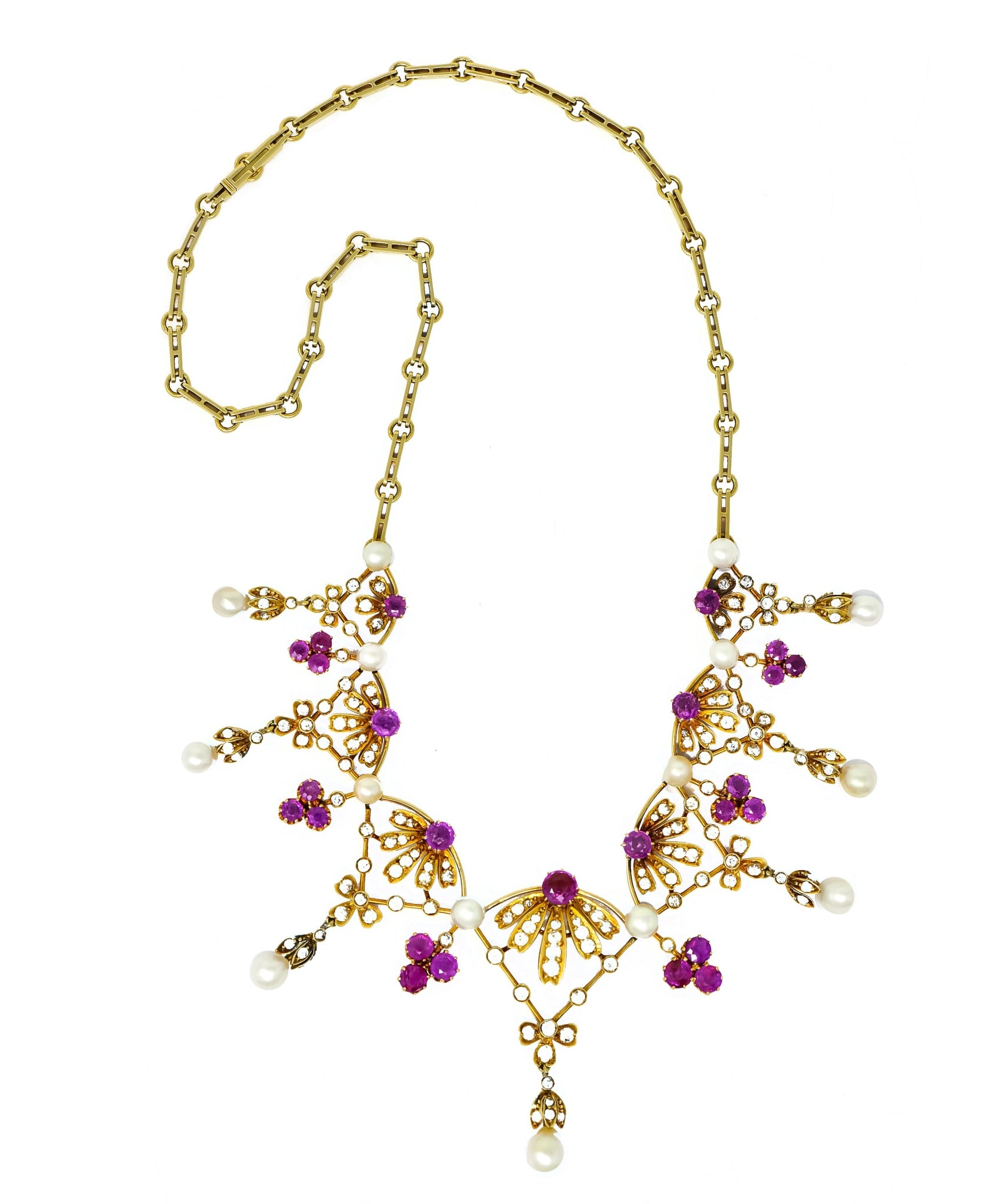 Victorian 7.95 CTW Diamond Ruby Pearl 18 Karat Gold Fringe Necklace - Wilson's Estate Jewelry