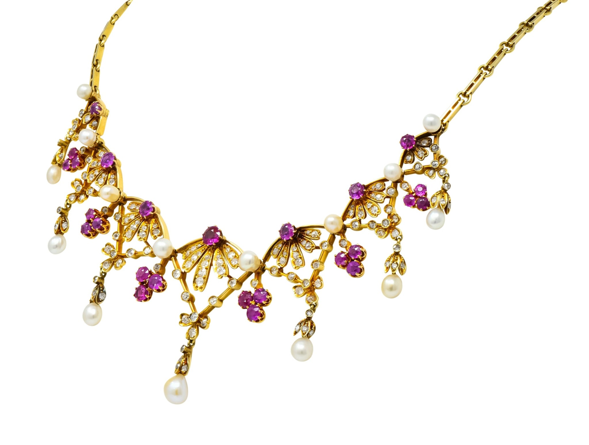 Victorian 7.95 CTW Diamond Ruby Pearl 18 Karat Gold Fringe Necklace - Wilson's Estate Jewelry