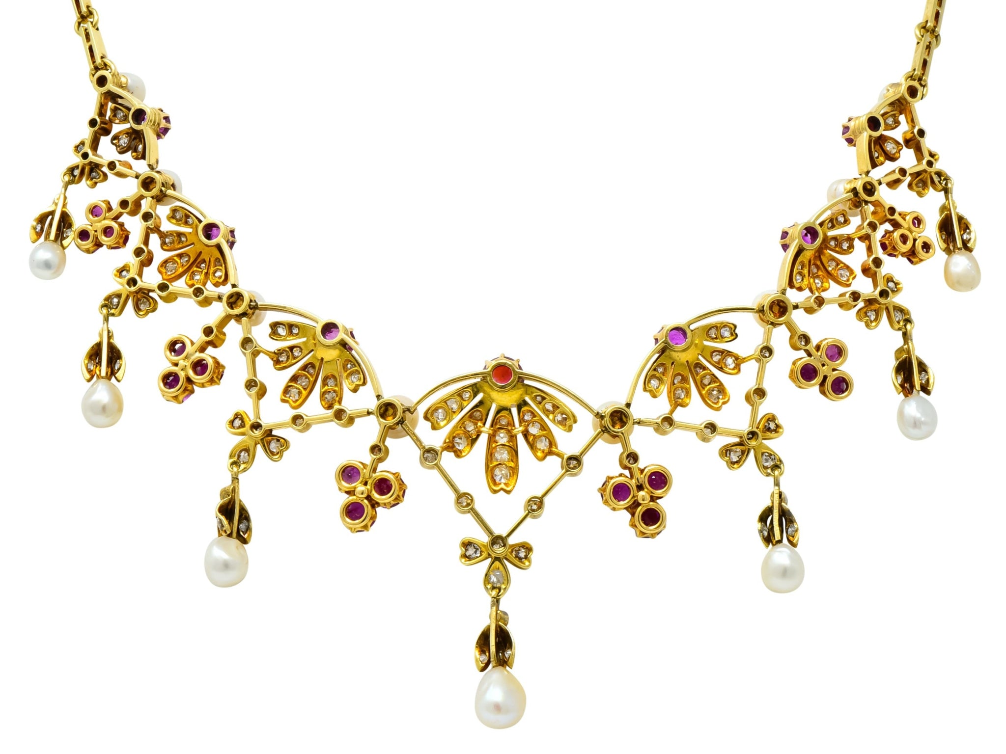 Victorian 7.95 CTW Diamond Ruby Pearl 18 Karat Gold Fringe Necklace - Wilson's Estate Jewelry