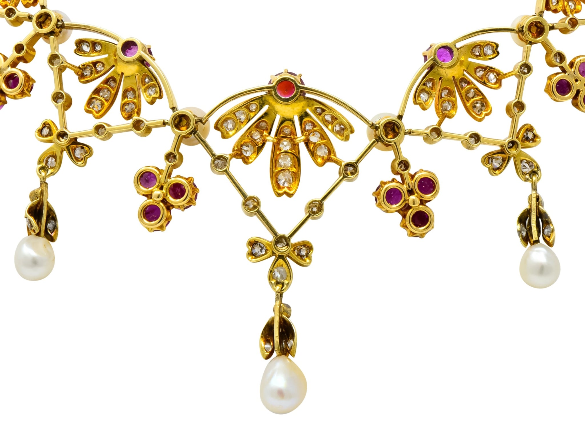 Victorian 7.95 CTW Diamond Ruby Pearl 18 Karat Gold Fringe Necklace - Wilson's Estate Jewelry