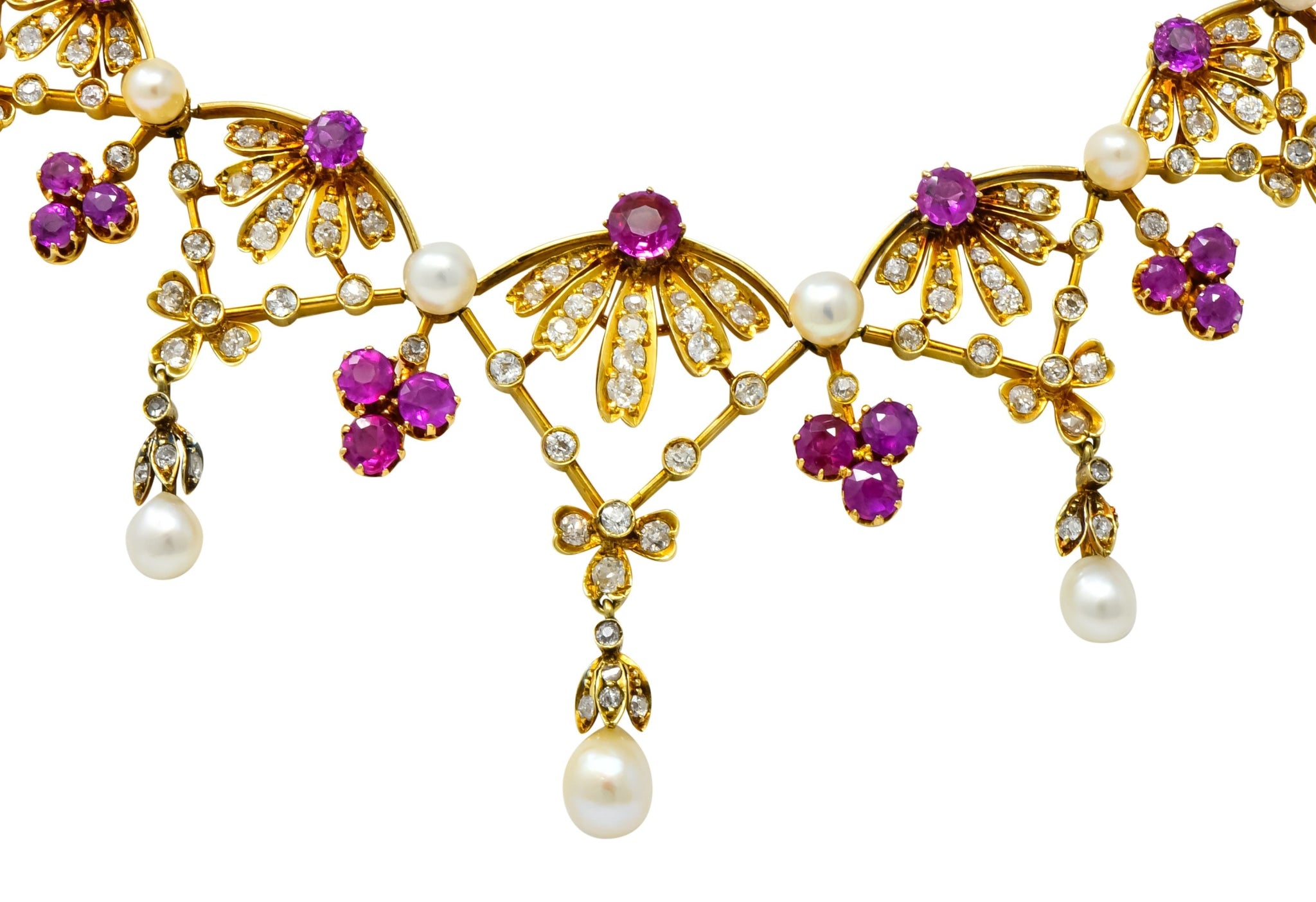 Victorian 7.95 CTW Diamond Ruby Pearl 18 Karat Gold Fringe Necklace - Wilson's Estate Jewelry