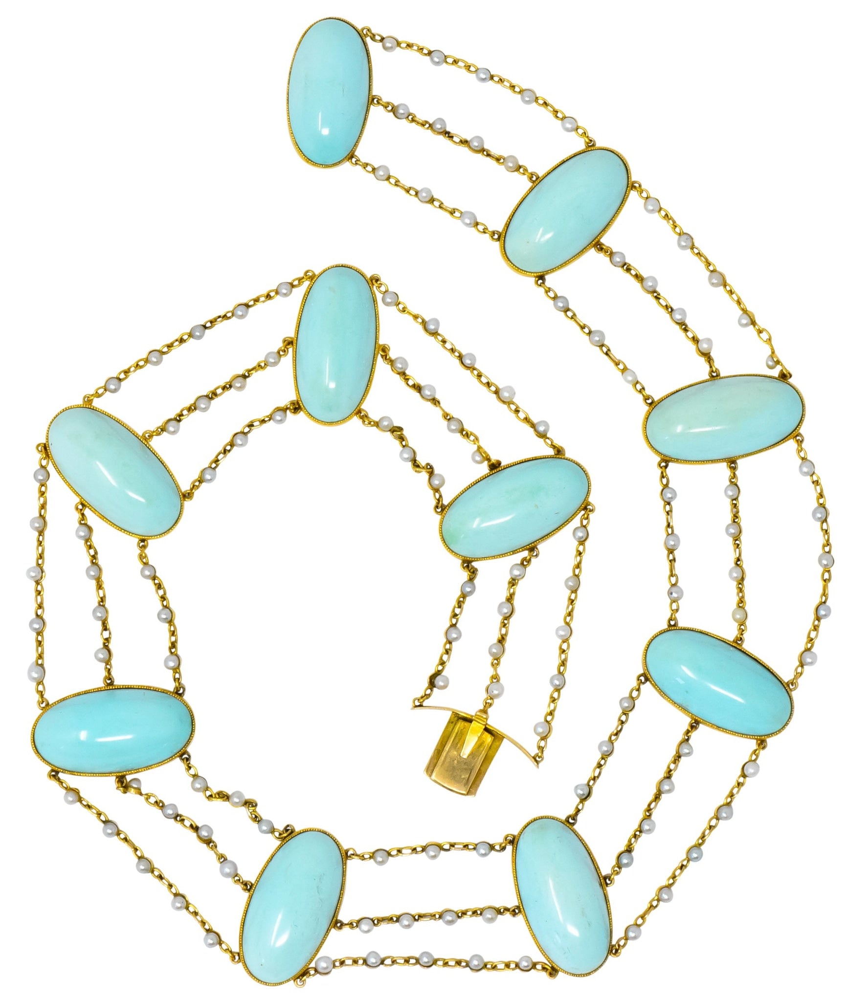 Victorian Cabochon Turquoise Pearl 14 Karat Gold Swag Necklace - Wilson's Estate Jewelry
