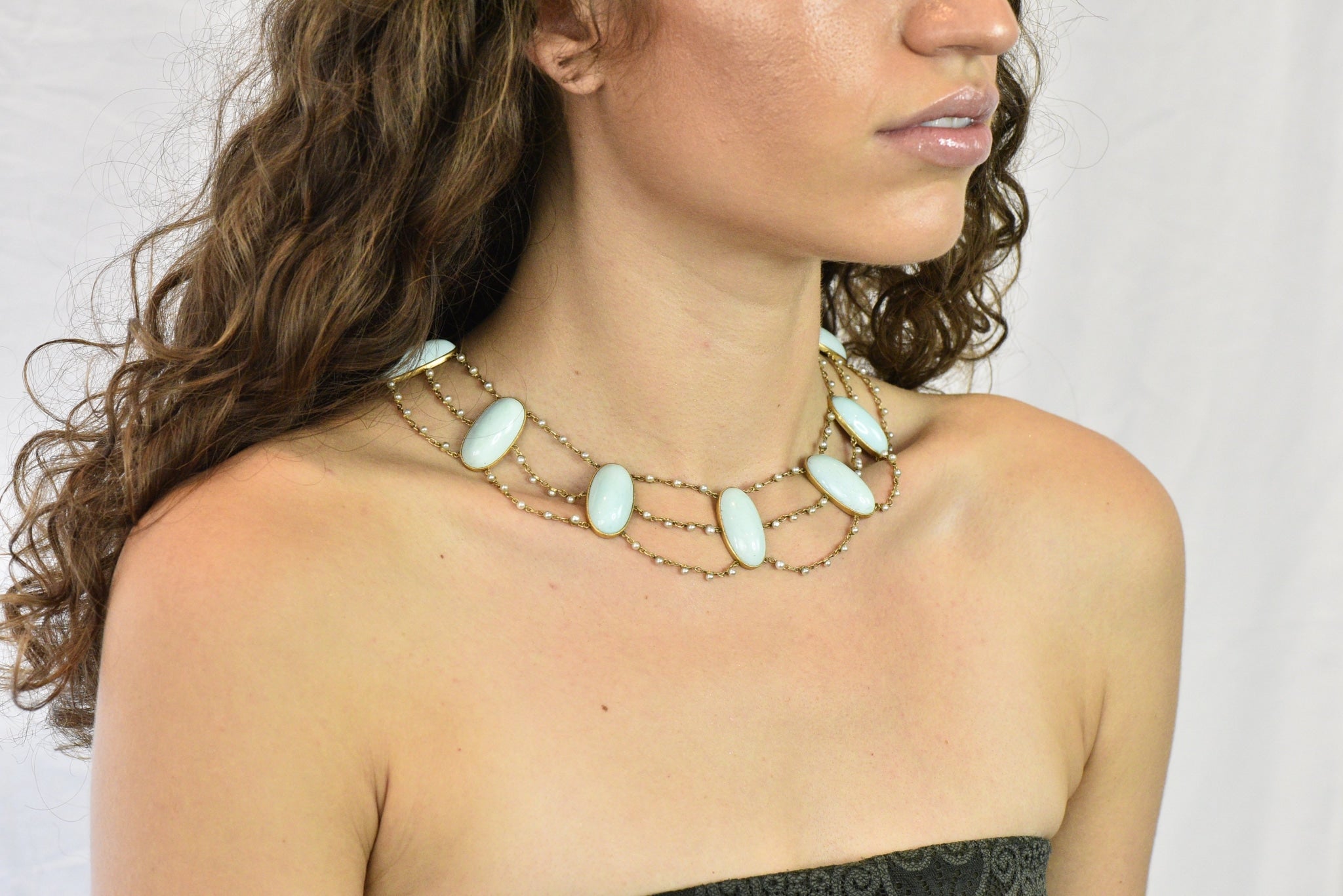 Victorian Cabochon Turquoise Pearl 14 Karat Gold Swag Necklace - Wilson's Estate Jewelry
