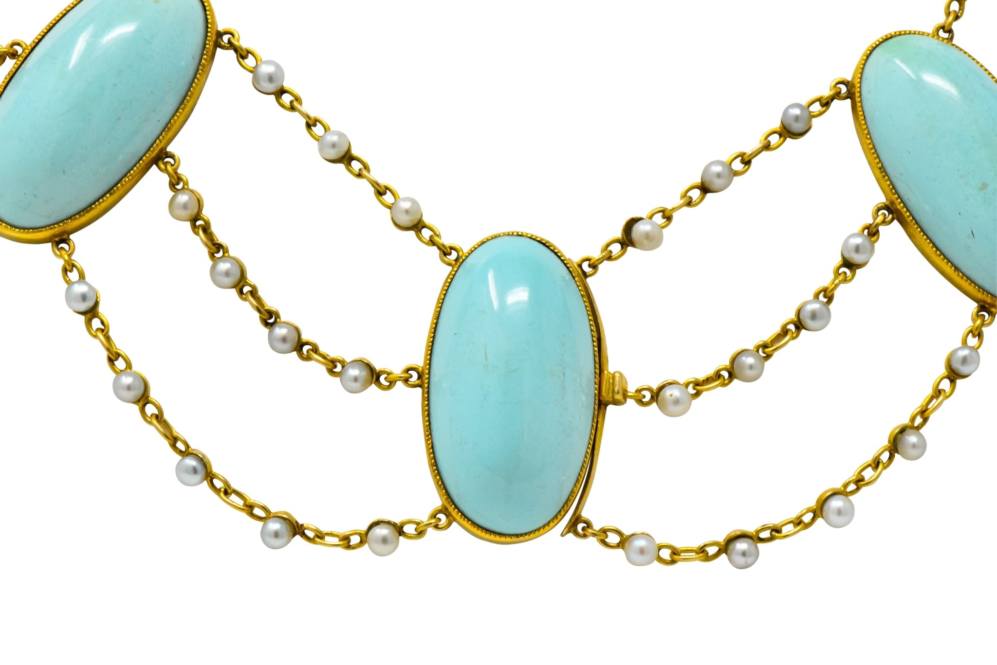Victorian Cabochon Turquoise Pearl 14 Karat Gold Swag Necklace - Wilson's Estate Jewelry