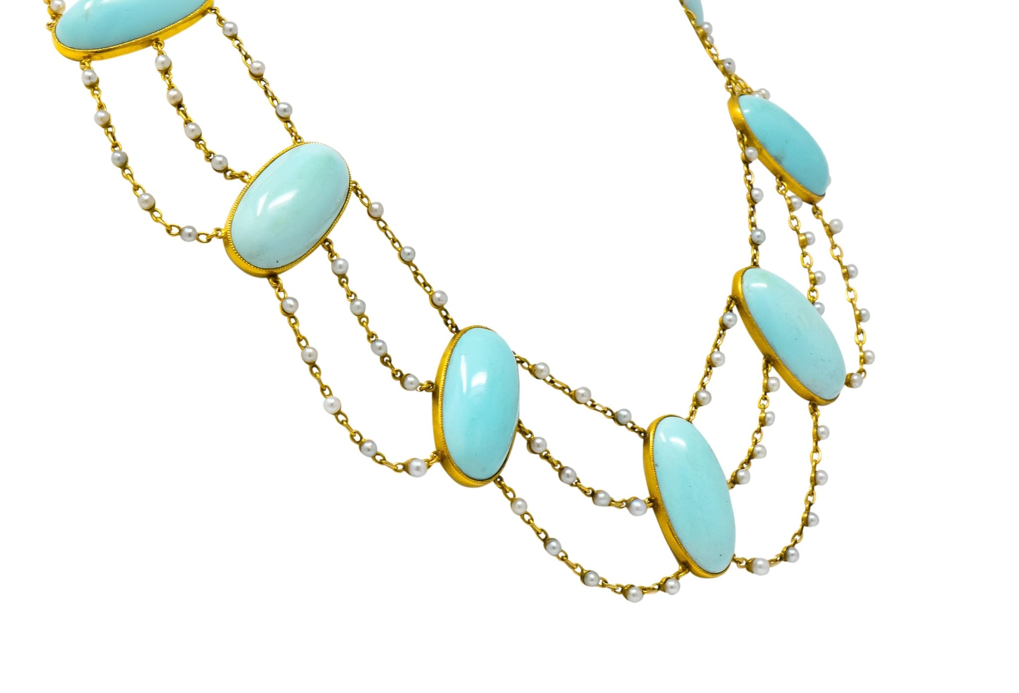 Victorian Cabochon Turquoise Pearl 14 Karat Gold Swag Necklace - Wilson's Estate Jewelry