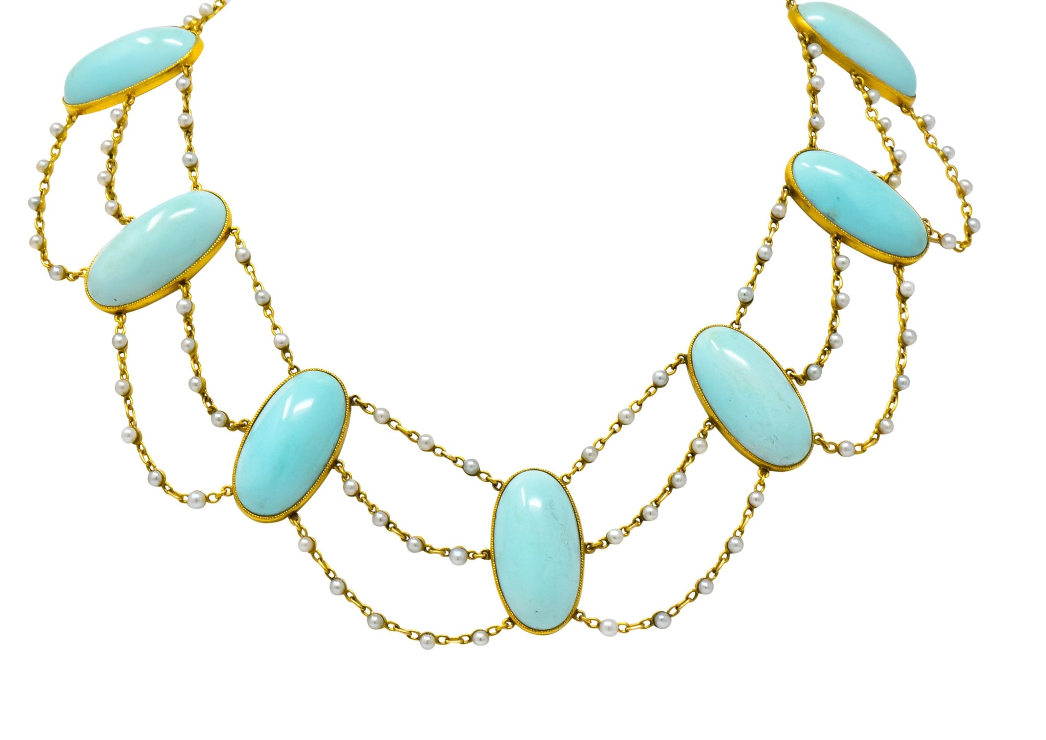 Victorian Cabochon Turquoise Pearl 14 Karat Gold Swag Necklace - Wilson's Estate Jewelry