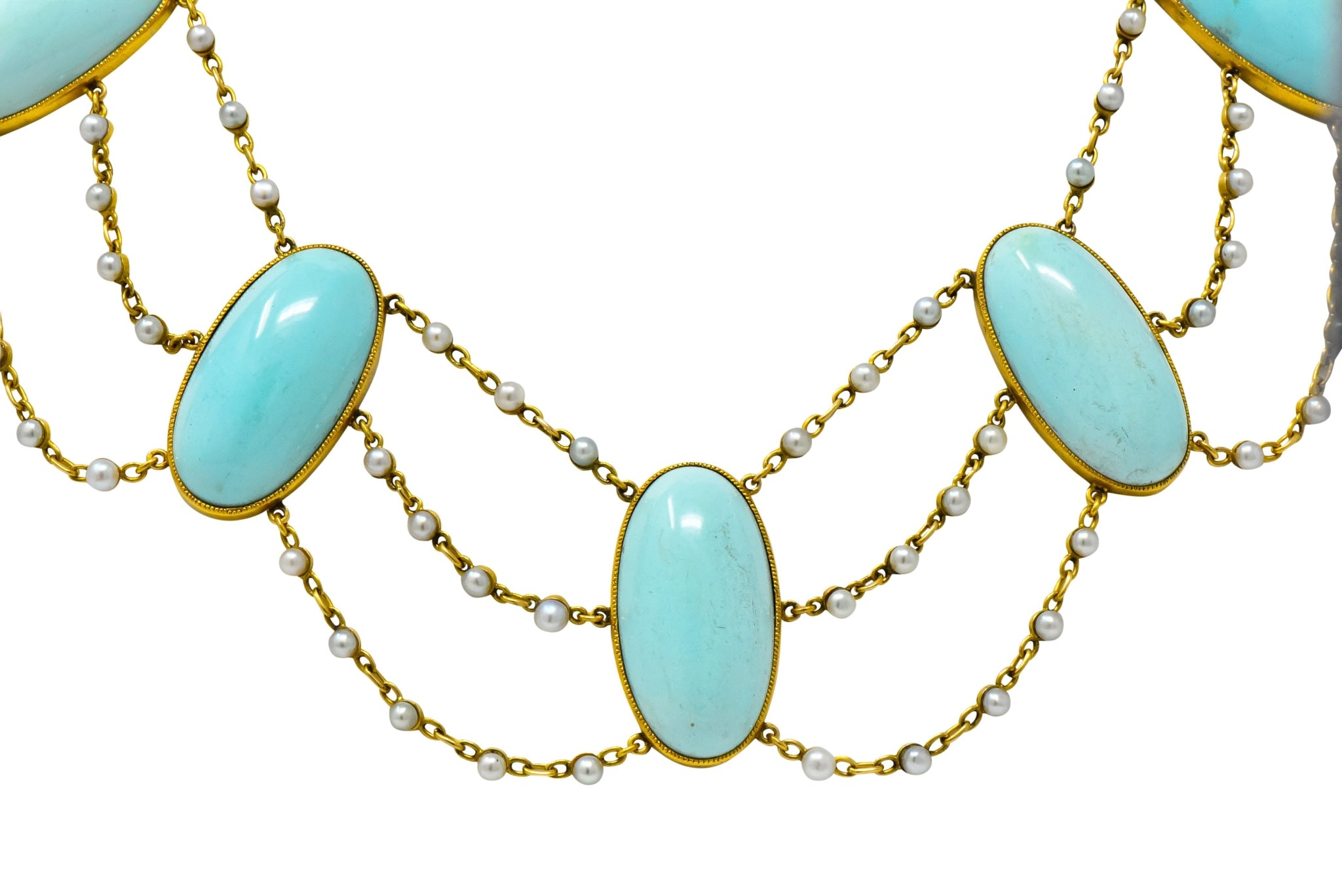 Victorian Cabochon Turquoise Pearl 14 Karat Gold Swag Necklace - Wilson's Estate Jewelry