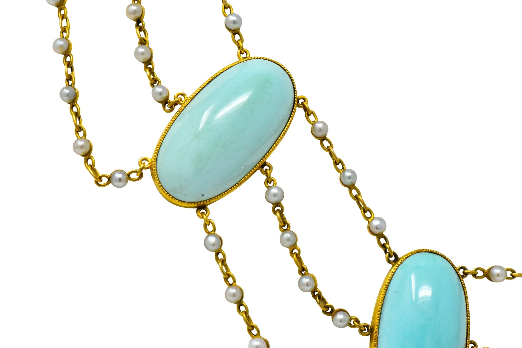 Victorian Cabochon Turquoise Pearl 14 Karat Gold Swag Necklace - Wilson's Estate Jewelry