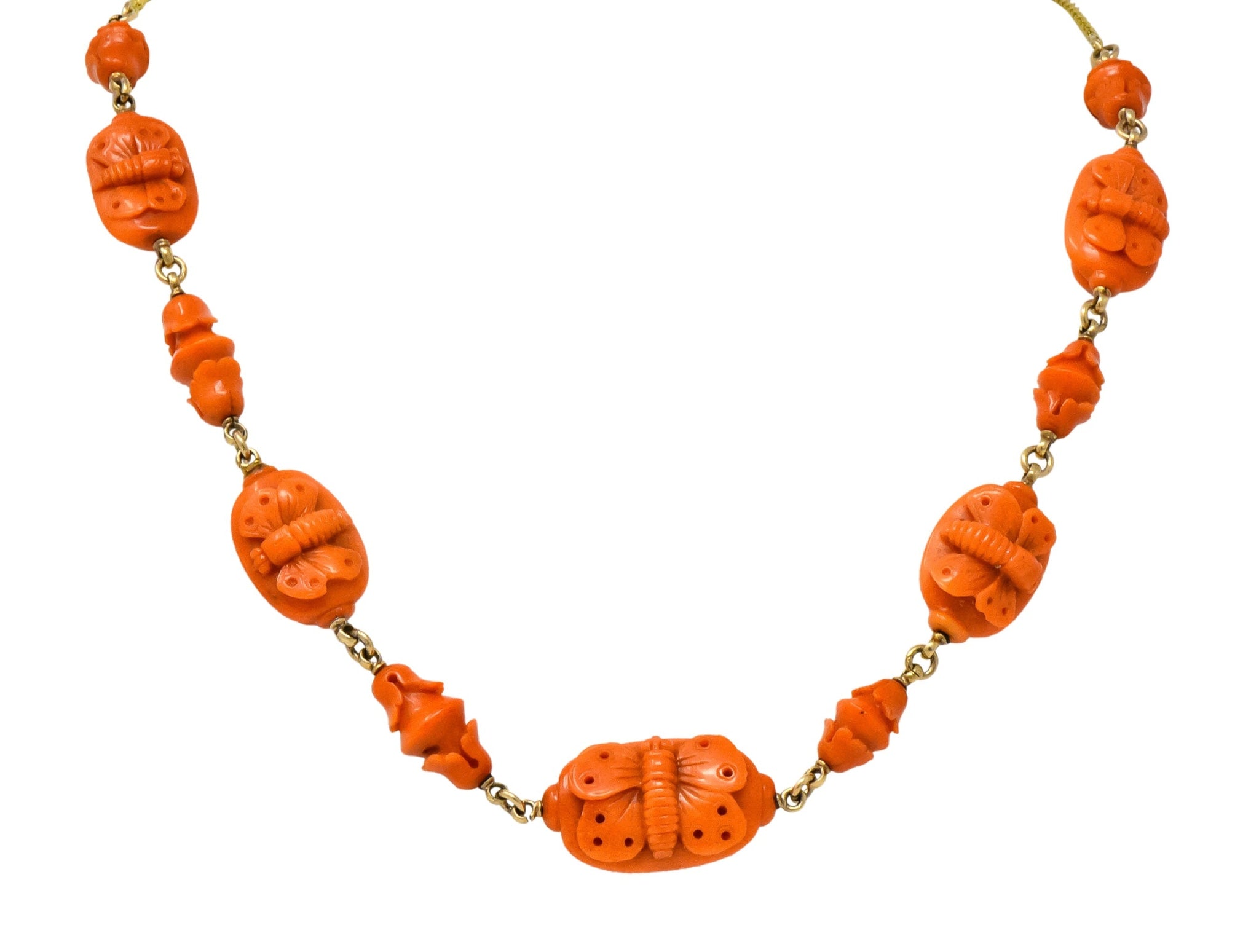 Victorian Carved Butterfly & Scarab Coral 14 Karat Gold Necklace - Wilson's Estate Jewelry