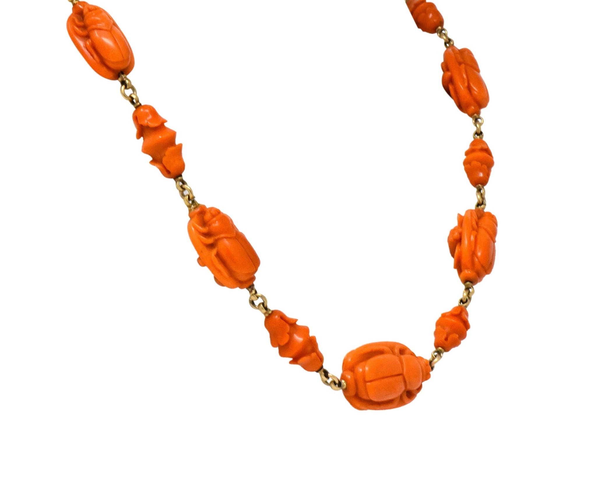 Victorian Carved Butterfly & Scarab Coral 14 Karat Gold Necklace - Wilson's Estate Jewelry