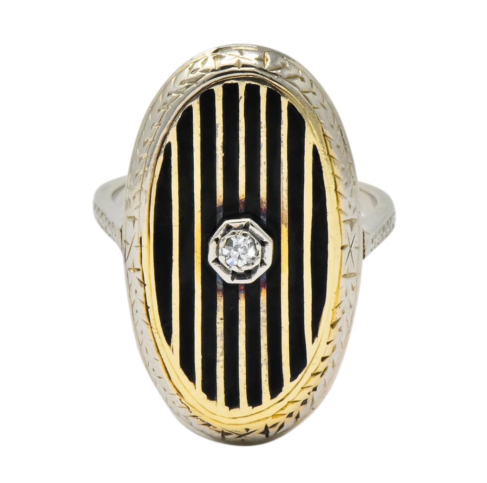Victorian Diamond 14 Karat White Gold Enamel Striped Mourning Ring - Wilson's Estate Jewelry