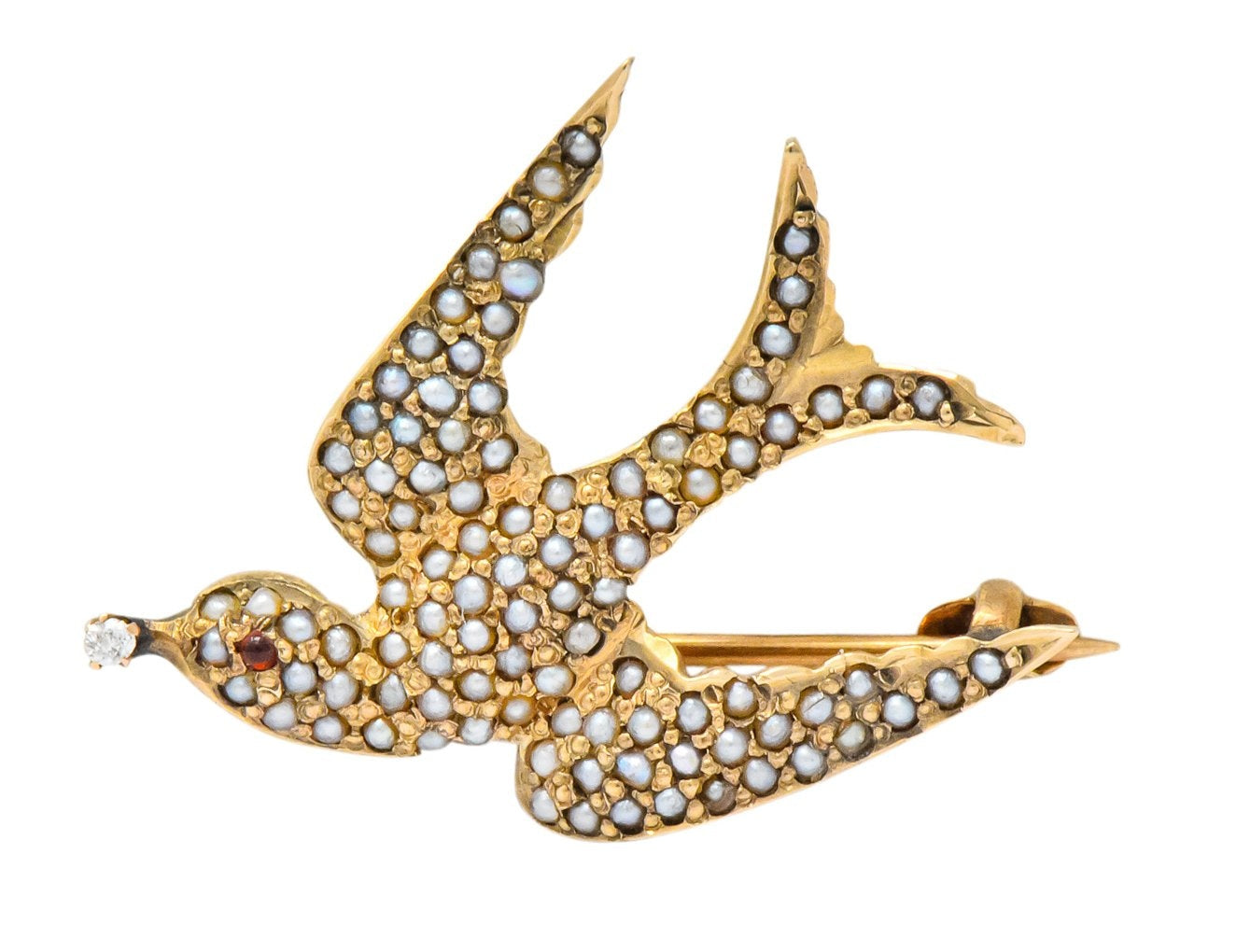 Victorian Diamond Garnet Seed Pearl Swallow Bird 14 Karat Gold Brooch - Wilson's Estate Jewelry