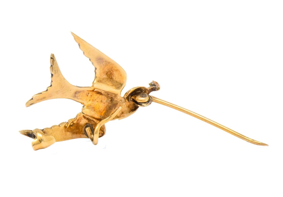 Victorian Diamond Garnet Seed Pearl Swallow Bird 14 Karat Gold Brooch - Wilson's Estate Jewelry