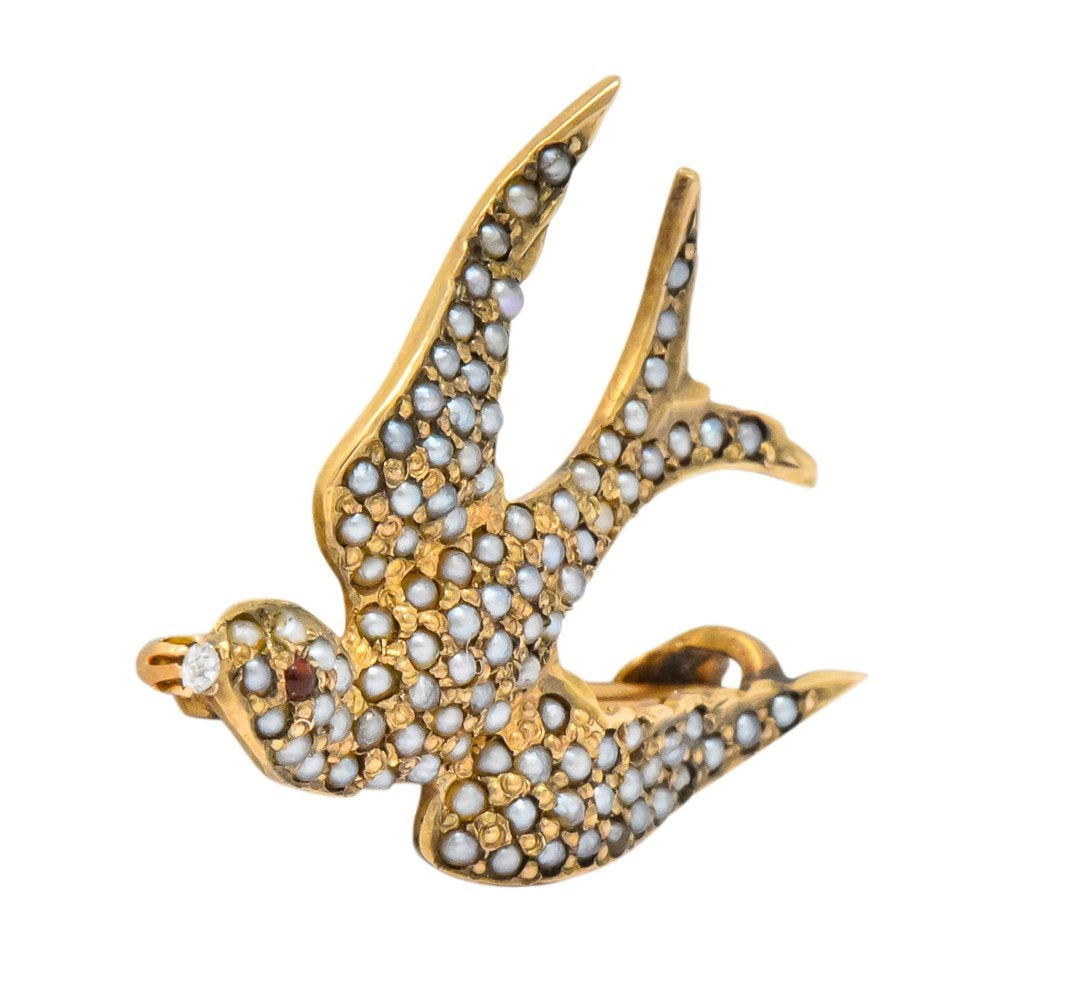 Victorian Diamond Garnet Seed Pearl Swallow Bird 14 Karat Gold Brooch - Wilson's Estate Jewelry