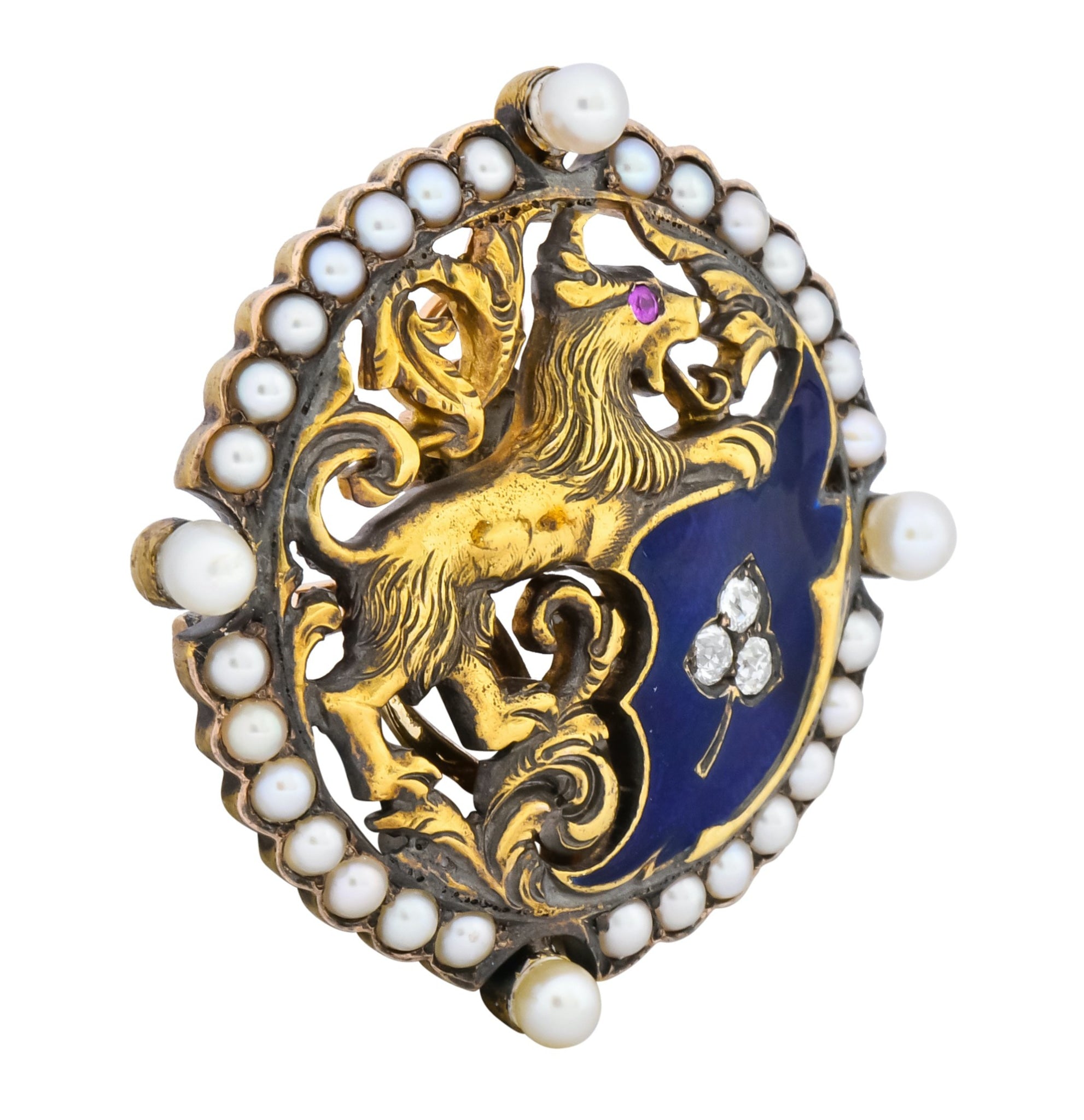 Victorian Diamond Pearl Ruby Enamel Stylized Lion Pendant Pin - Wilson's Estate Jewelry