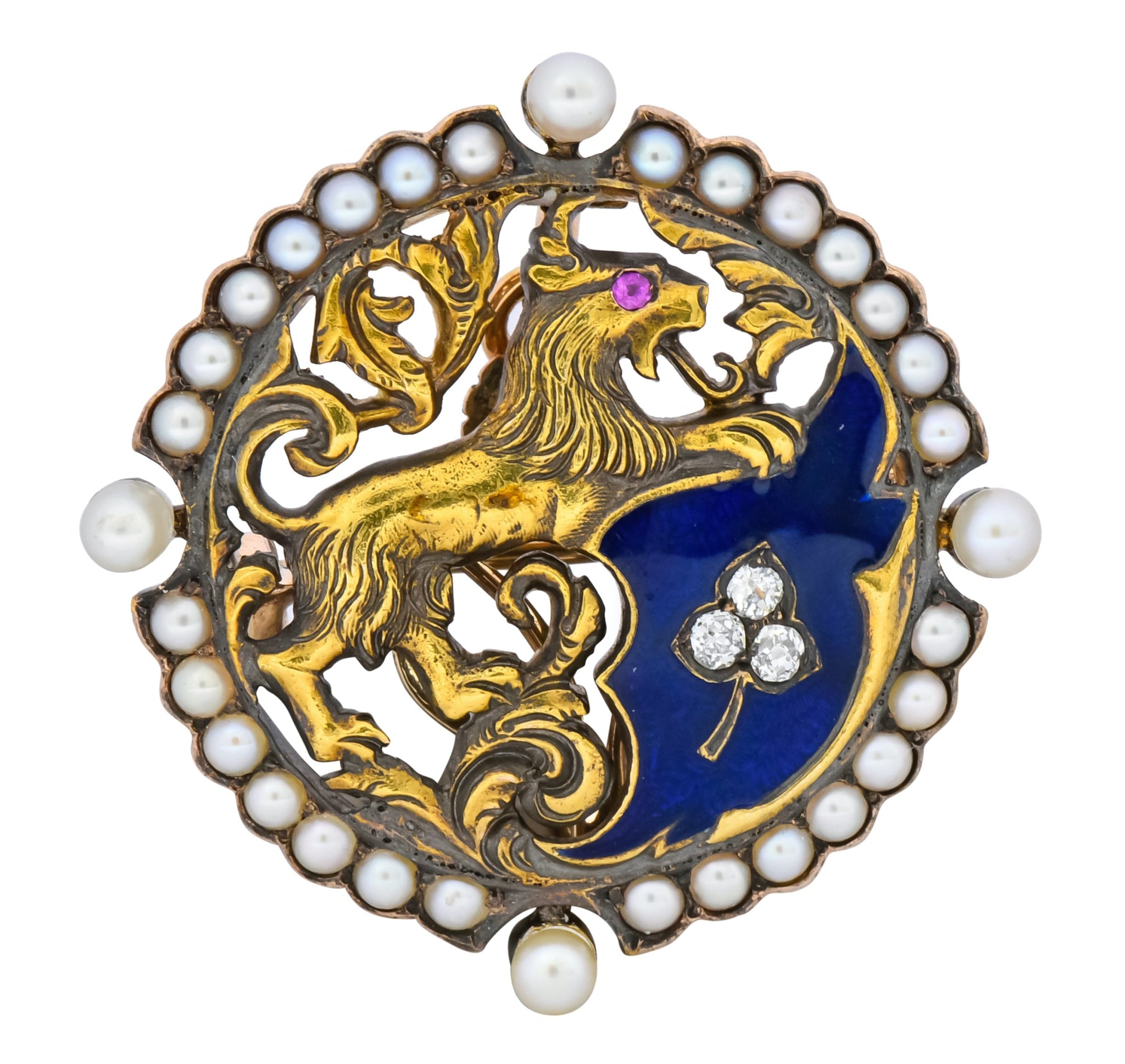 Victorian Diamond Pearl Ruby Enamel Stylized Lion Pendant Pin - Wilson's Estate Jewelry