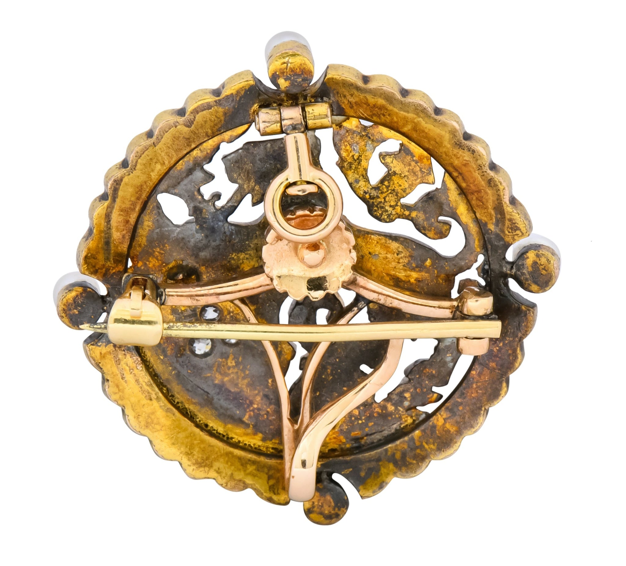 Victorian Diamond Pearl Ruby Enamel Stylized Lion Pendant Pin - Wilson's Estate Jewelry