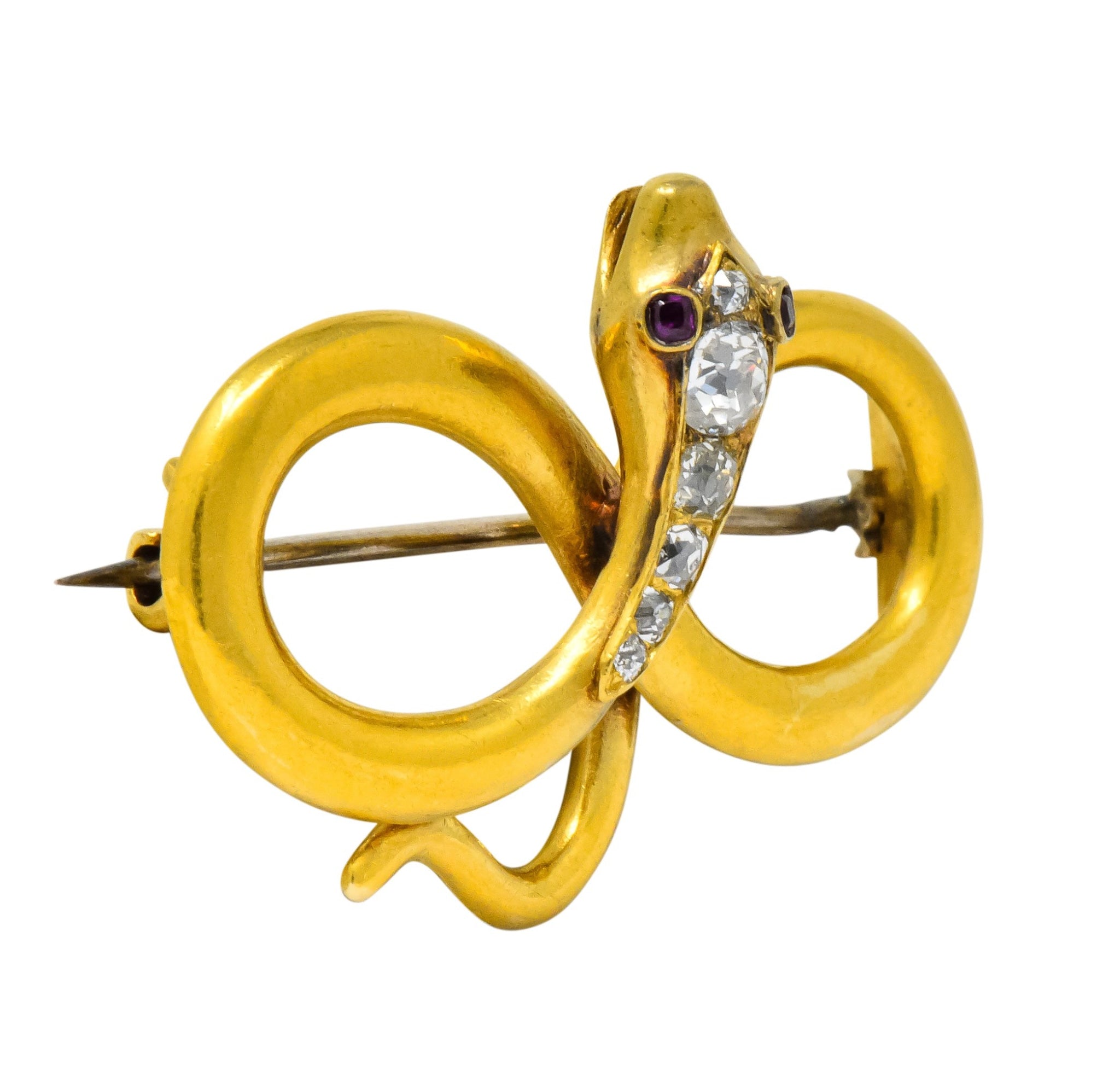 Victorian Diamond Ruby 18 Karat Gold Infinity Snake Brooch Circa 1900 - Wilson's Estate Jewelry