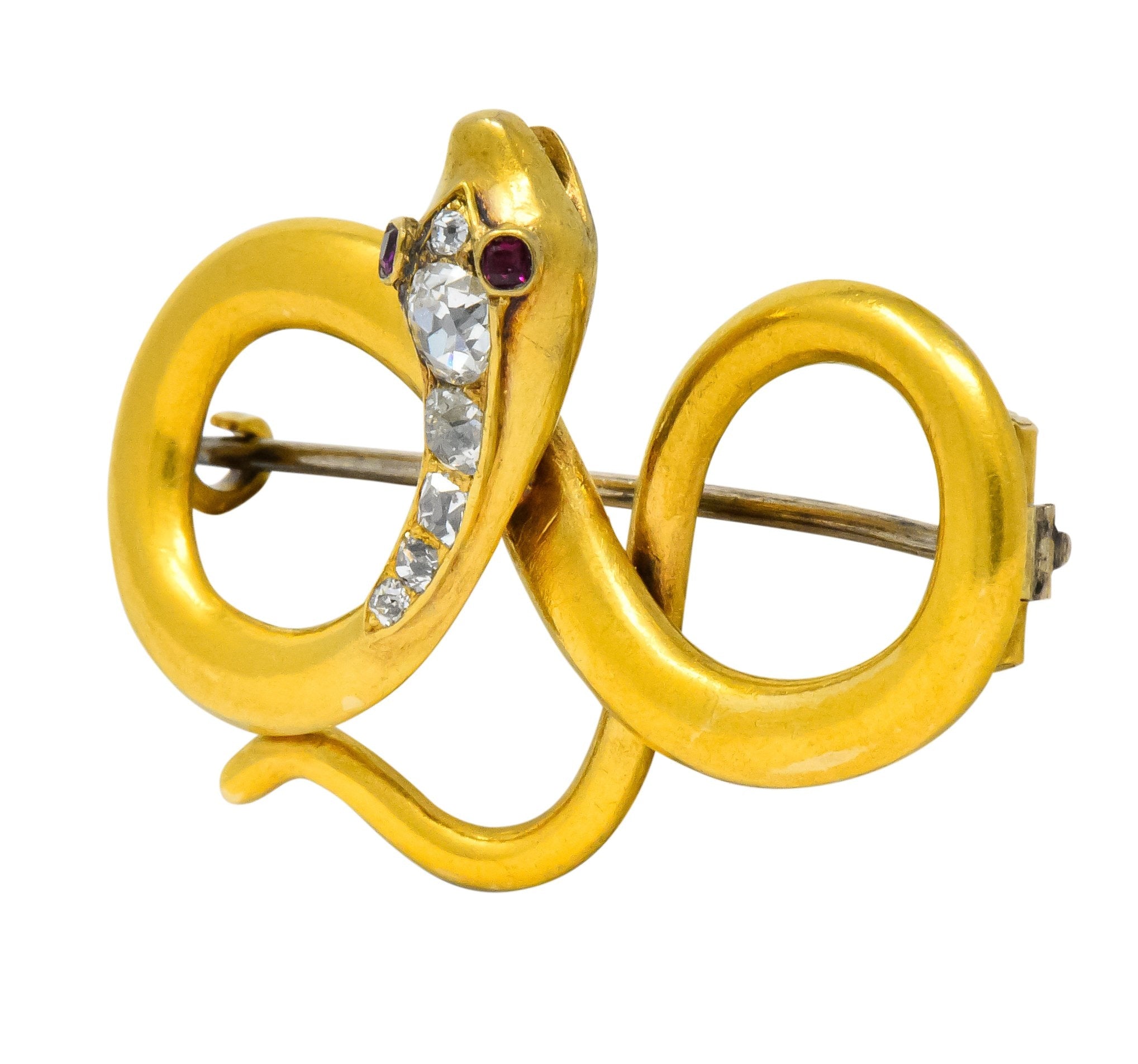 Victorian Diamond Ruby 18 Karat Gold Infinity Snake Brooch Circa 1900 - Wilson's Estate Jewelry