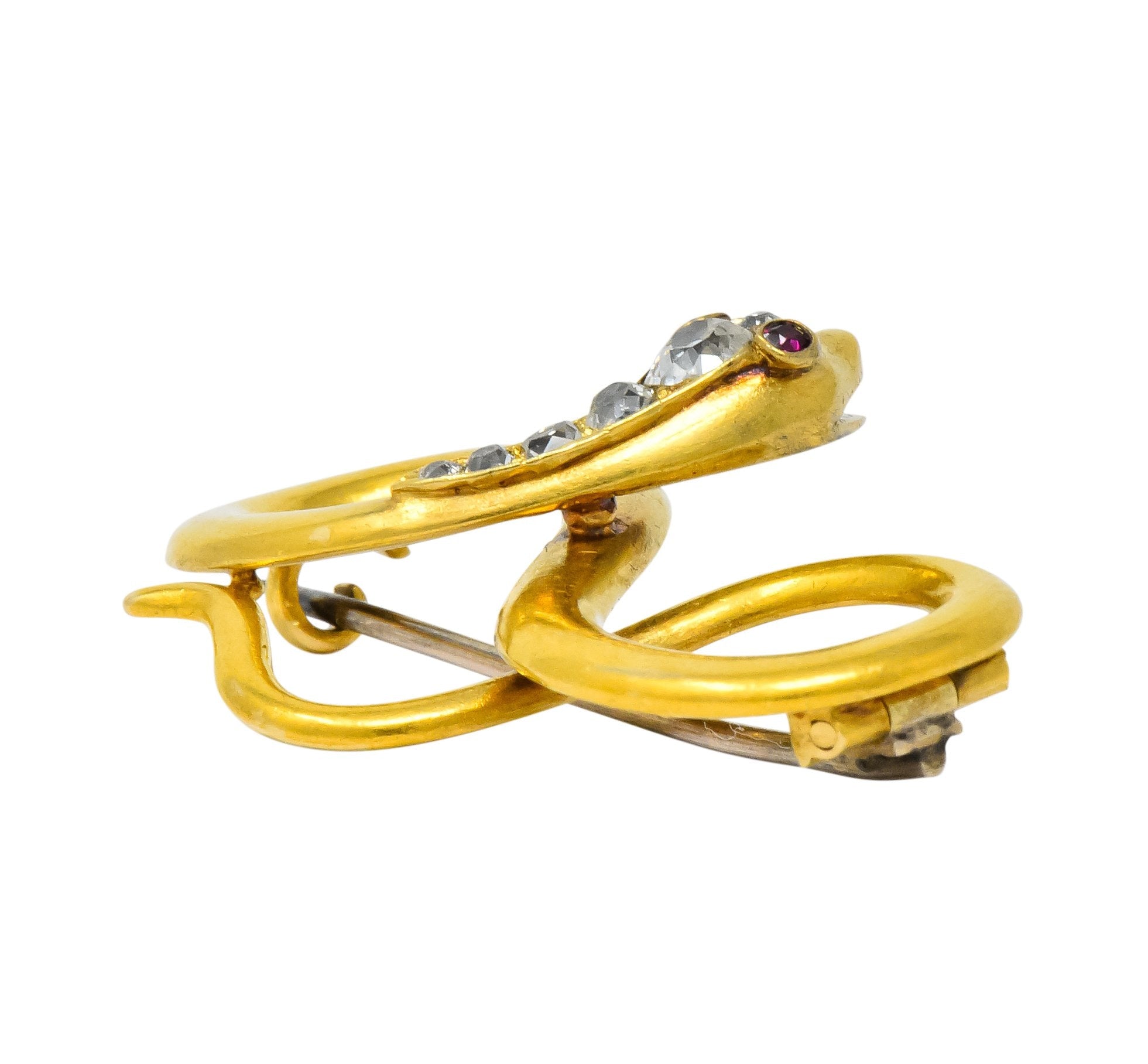 Victorian Diamond Ruby 18 Karat Gold Infinity Snake Brooch Circa 1900 - Wilson's Estate Jewelry