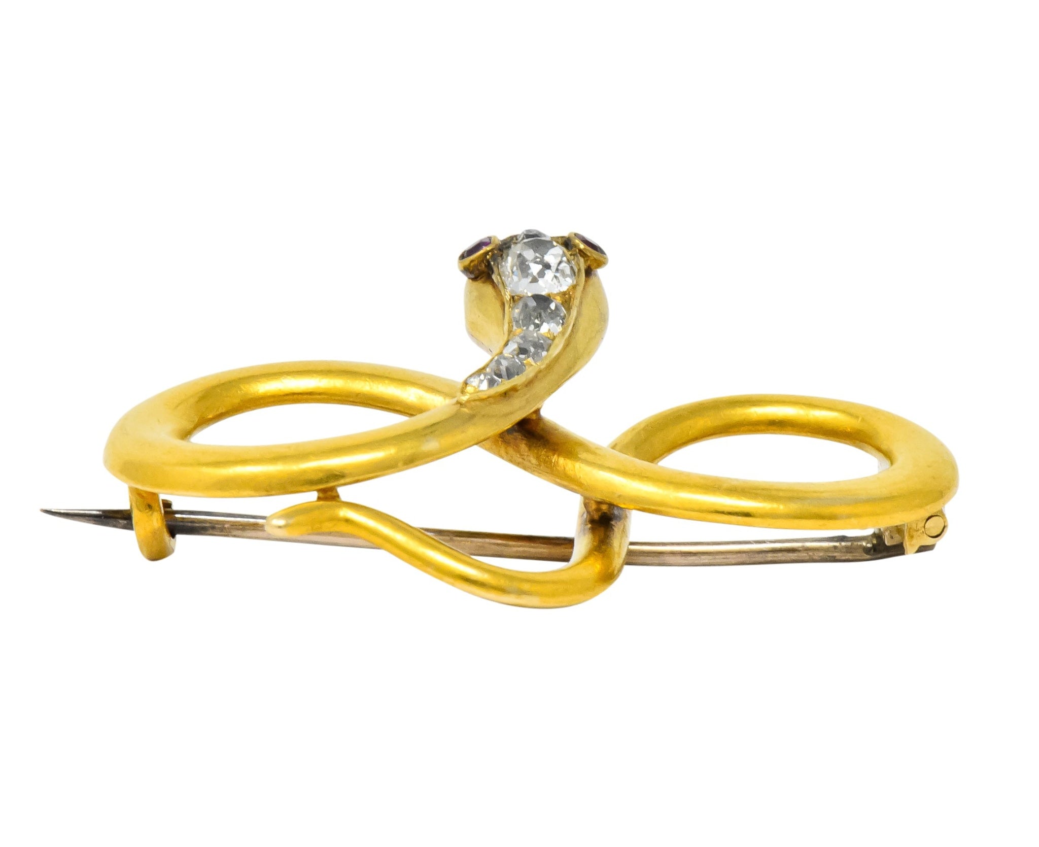 Victorian Diamond Ruby 18 Karat Gold Infinity Snake Brooch Circa 1900 - Wilson's Estate Jewelry