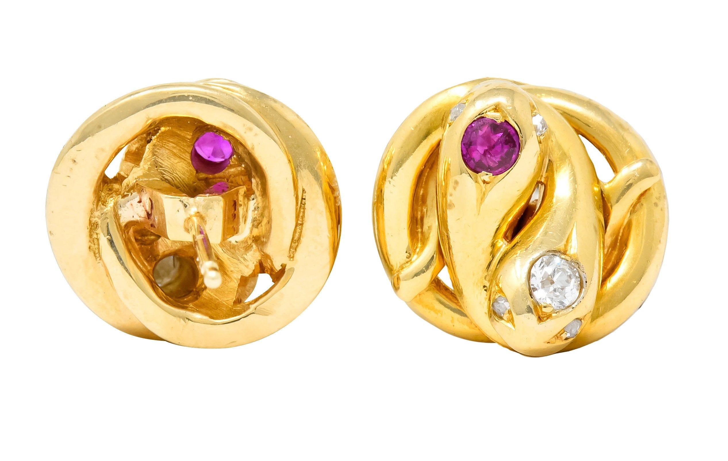 Victorian Diamond Ruby 18 Karat Yellow Gold Winding Snake Stud Earrings - Wilson's Estate Jewelry