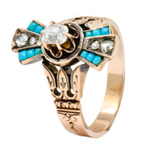 Victorian Diamond Turquoise 14 Karat Rose Gold Statement Ring - Wilson's Estate Jewelry
