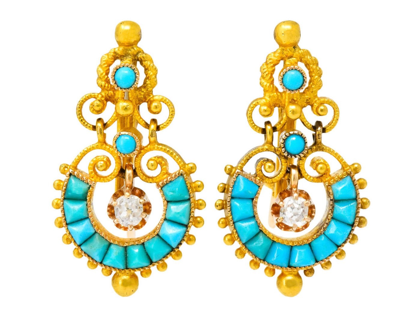 Victorian Diamond Turquoise 18 Karat Gold Drop Earrings - Wilson's Estate Jewelry