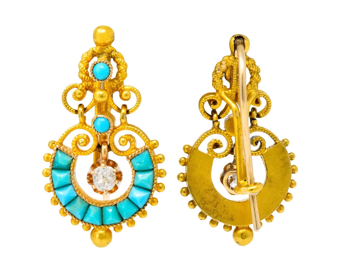 Victorian Diamond Turquoise 18 Karat Gold Drop Earrings - Wilson's Estate Jewelry