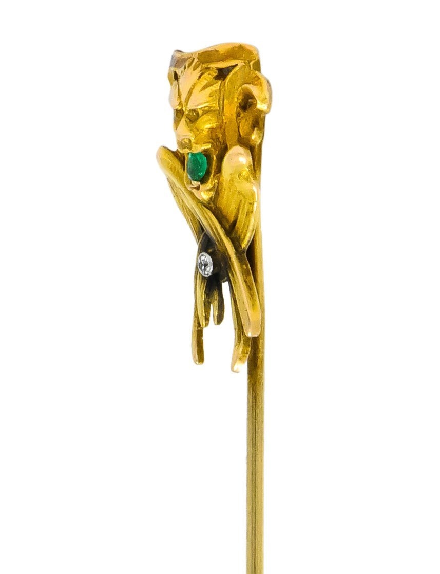 Victorian Emerald Diamond 14 Karat Gargoyle Stickpin - Wilson's Estate Jewelry