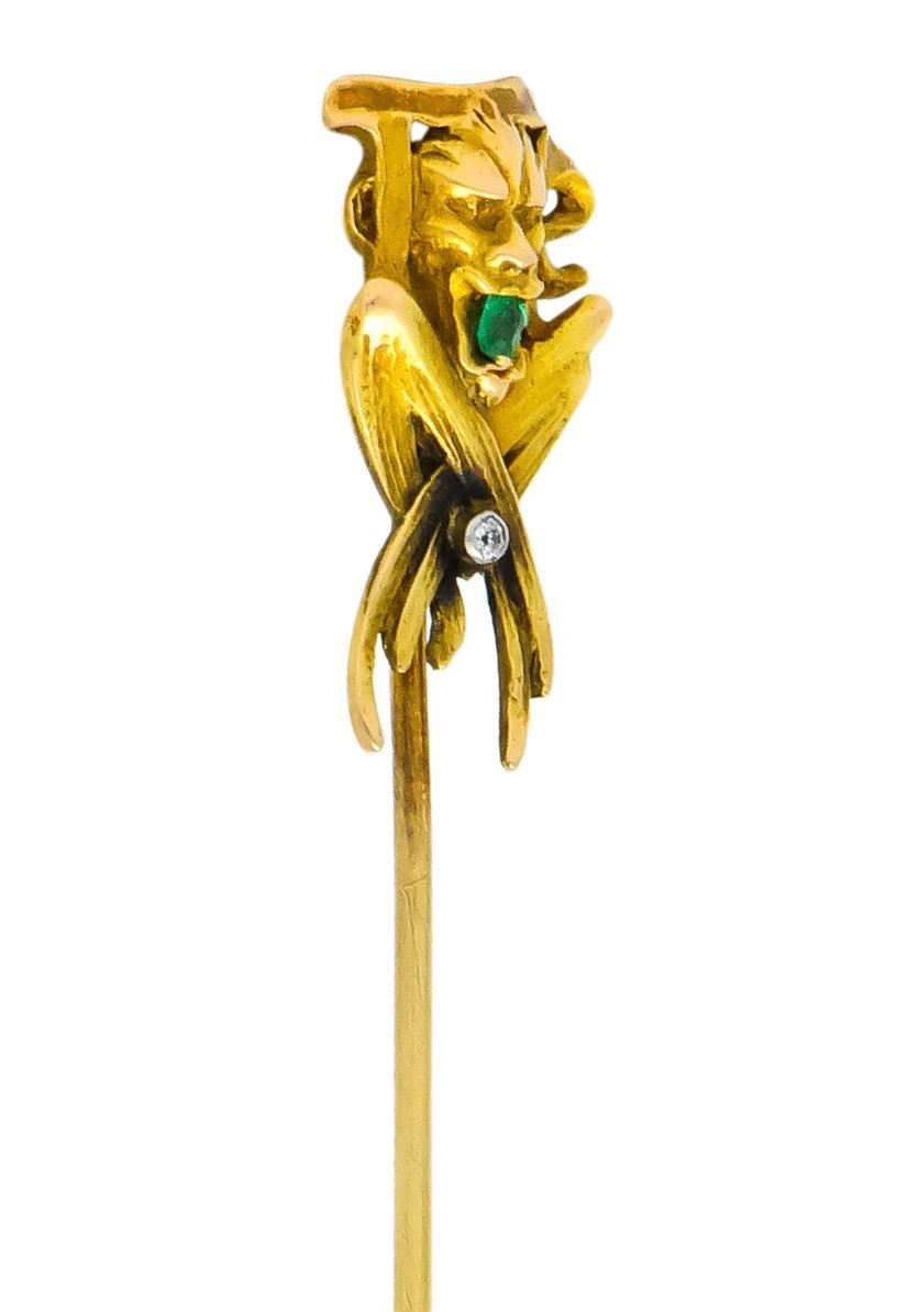 Victorian Emerald Diamond 14 Karat Gargoyle Stickpin - Wilson's Estate Jewelry