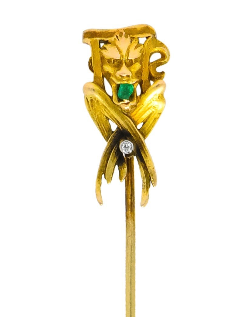 Victorian Emerald Diamond 14 Karat Gargoyle Stickpin - Wilson's Estate Jewelry