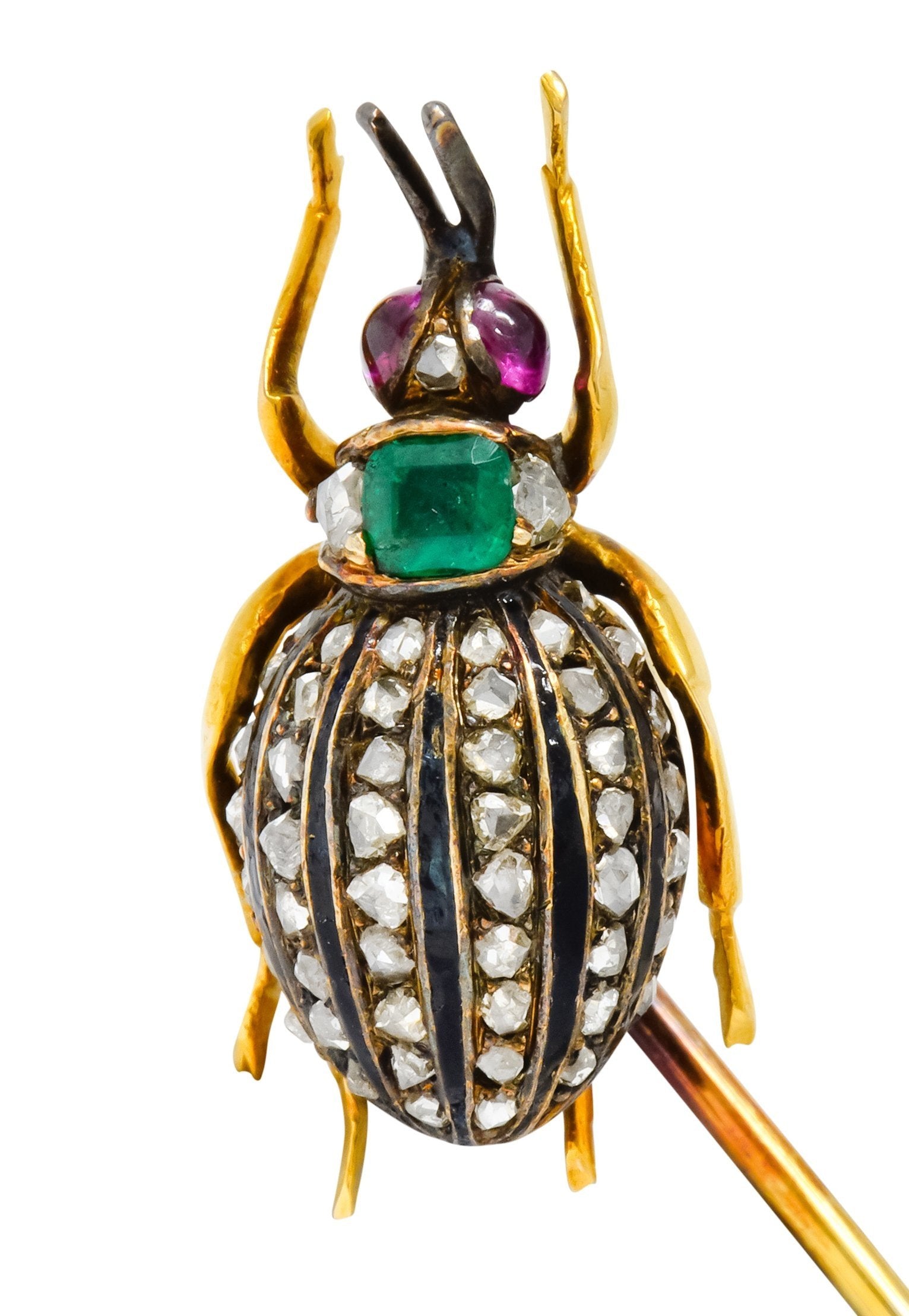 Victorian Emerald Enamel Diamond Ruby 14 Karat Gold Weevil Beetle Insect Stickpin - Wilson's Estate Jewelry