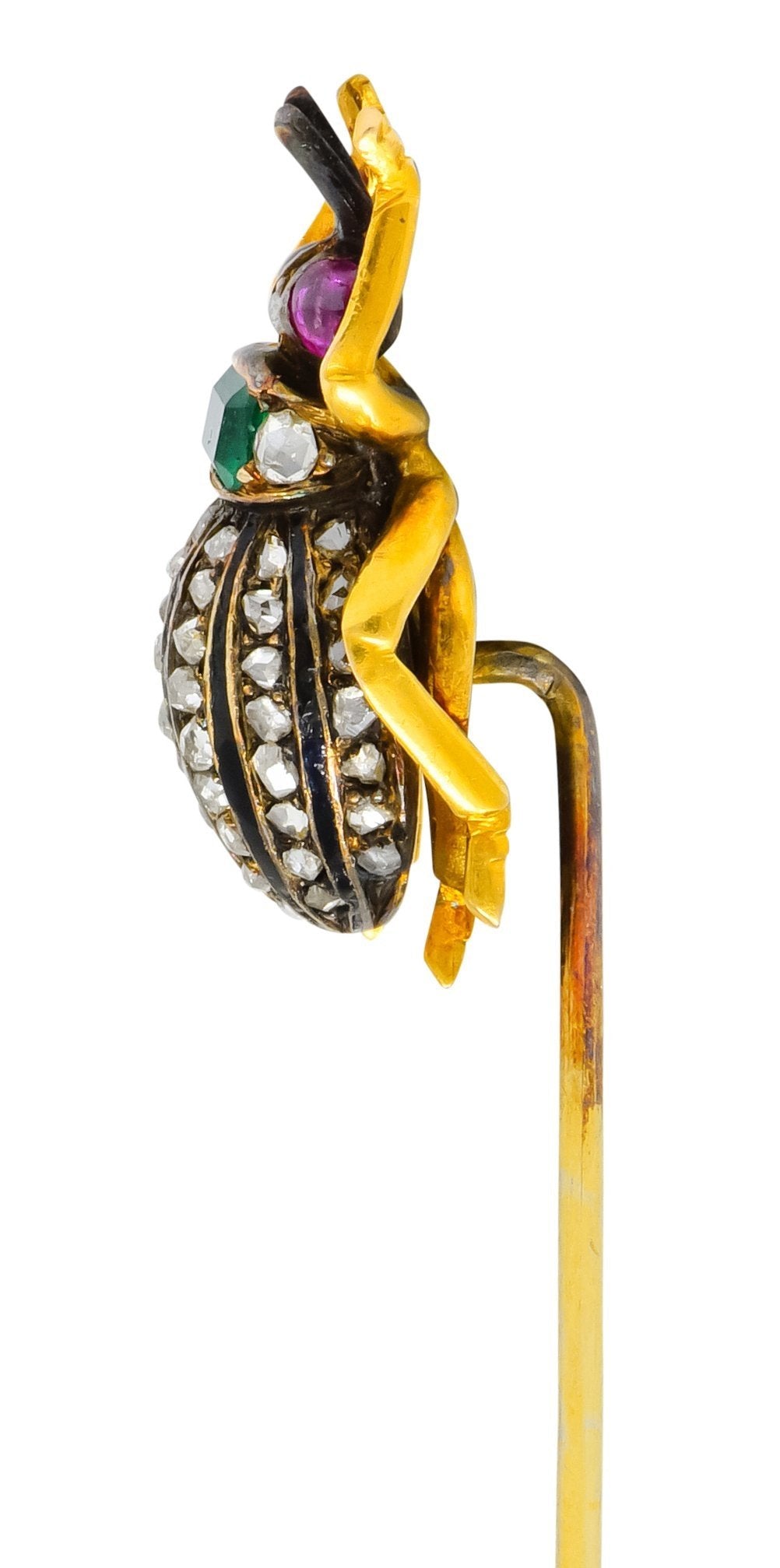 Victorian Emerald Enamel Diamond Ruby 14 Karat Gold Weevil Beetle Insect Stickpin - Wilson's Estate Jewelry