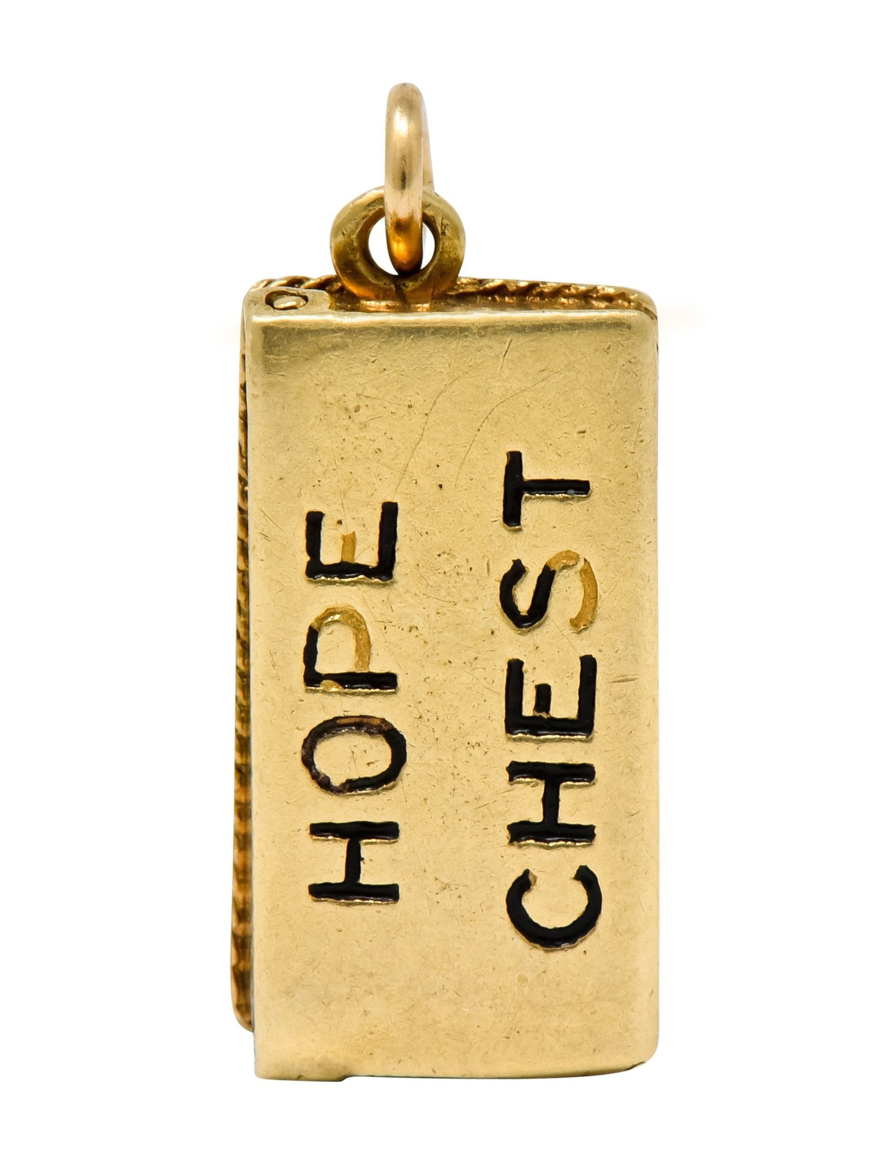 Victorian Enamel 14 Karat Gold Cheeky Figure In Hope Chest Charm - Wilson's Estate Jewelry